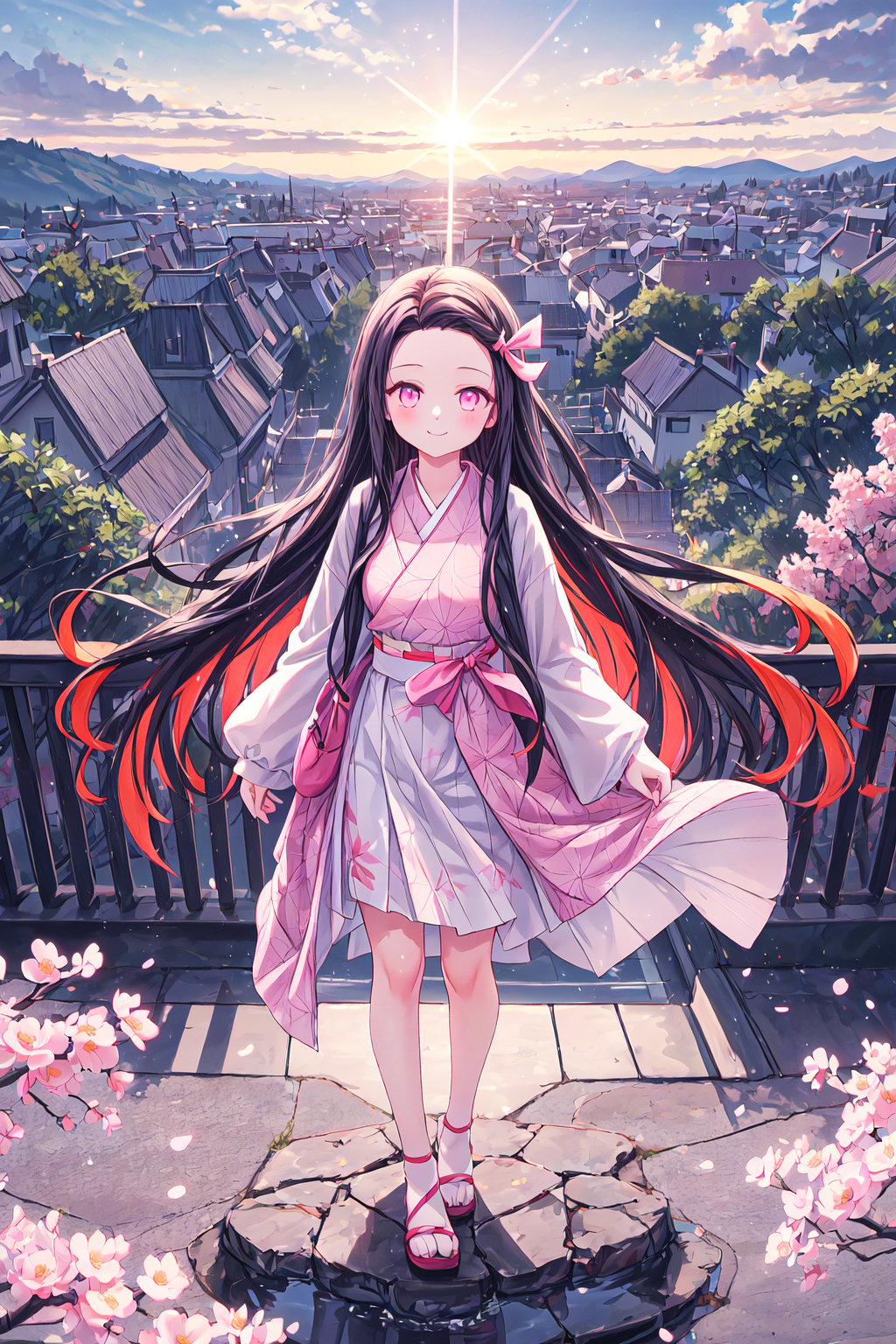 ultra-detailed, masterpiece, high_resolution, standing, 4K, nezuko kamado, black hair, forehead, hair ribbon, long hair, multicolored hair, pink eyes, orange hair, slit pupils, wavy hair, two-tone hair, front, look at viewer, full_body.

Nezuko stands in the courtyard, surrounded by majestic cherry trees in full bloom, their pink blossoms falling softly around her. In the distance, overgrown hills can be seen, creating a serene and picturesque landscape. Nezuko is smiling sweetly, radiating a sense of peace and joy. The sky is clear with some fluffy clouds, and the sun is shining softly, bathing the scene in a warm and welcoming light. The atmosphere is peaceful, with the gentle rustle of the wind through the branches and the occasional birdsong.