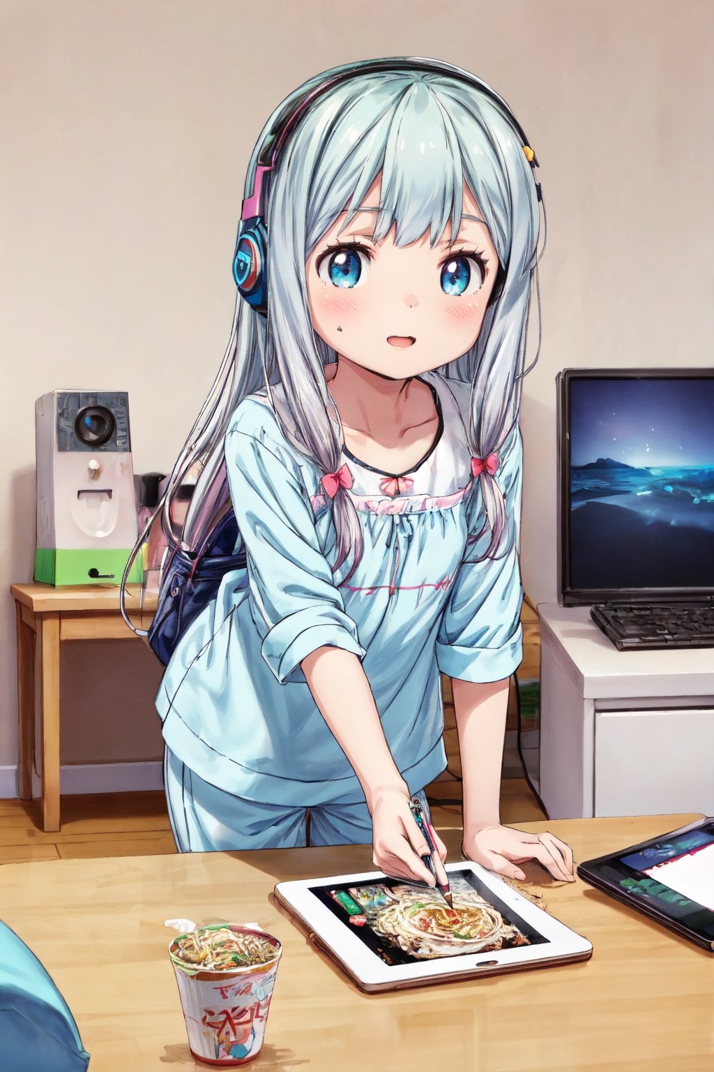 izumi sagiri, loli, ,electronic tablet, electronic pen, digital_drawing, headphones, room, instant noodles, pijama, high_resolution, masterpiece, :)