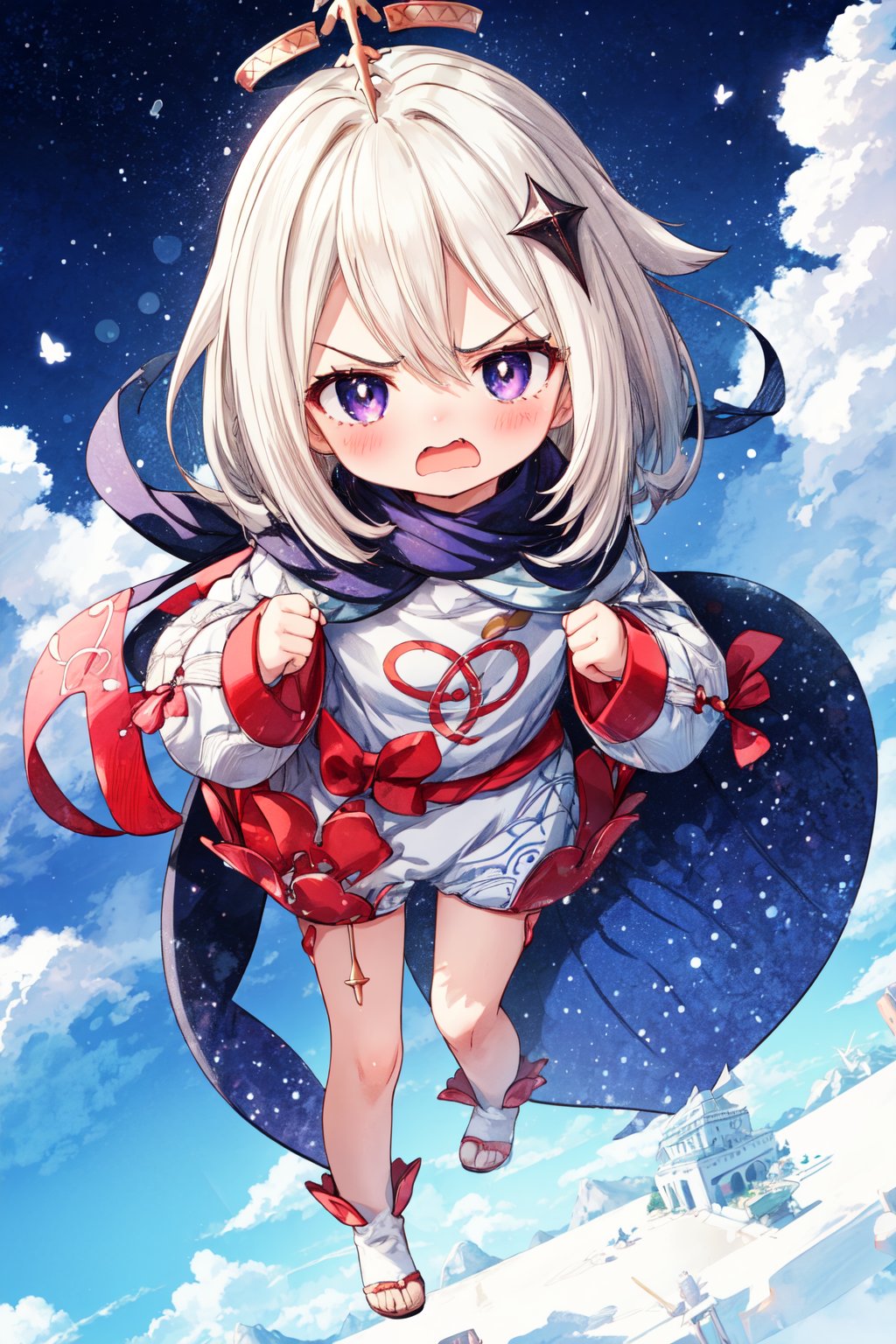 ultra-detailed, masterpiece, high_resolution, paimon gi, 1girl, sky background, open mouth, floating body, loli, small_body, full_body.

is floating in the air with a frown on his face and his mouth open, showing an angry expression. His little fists are clenched in anger, creating a very tender and endearing scene.