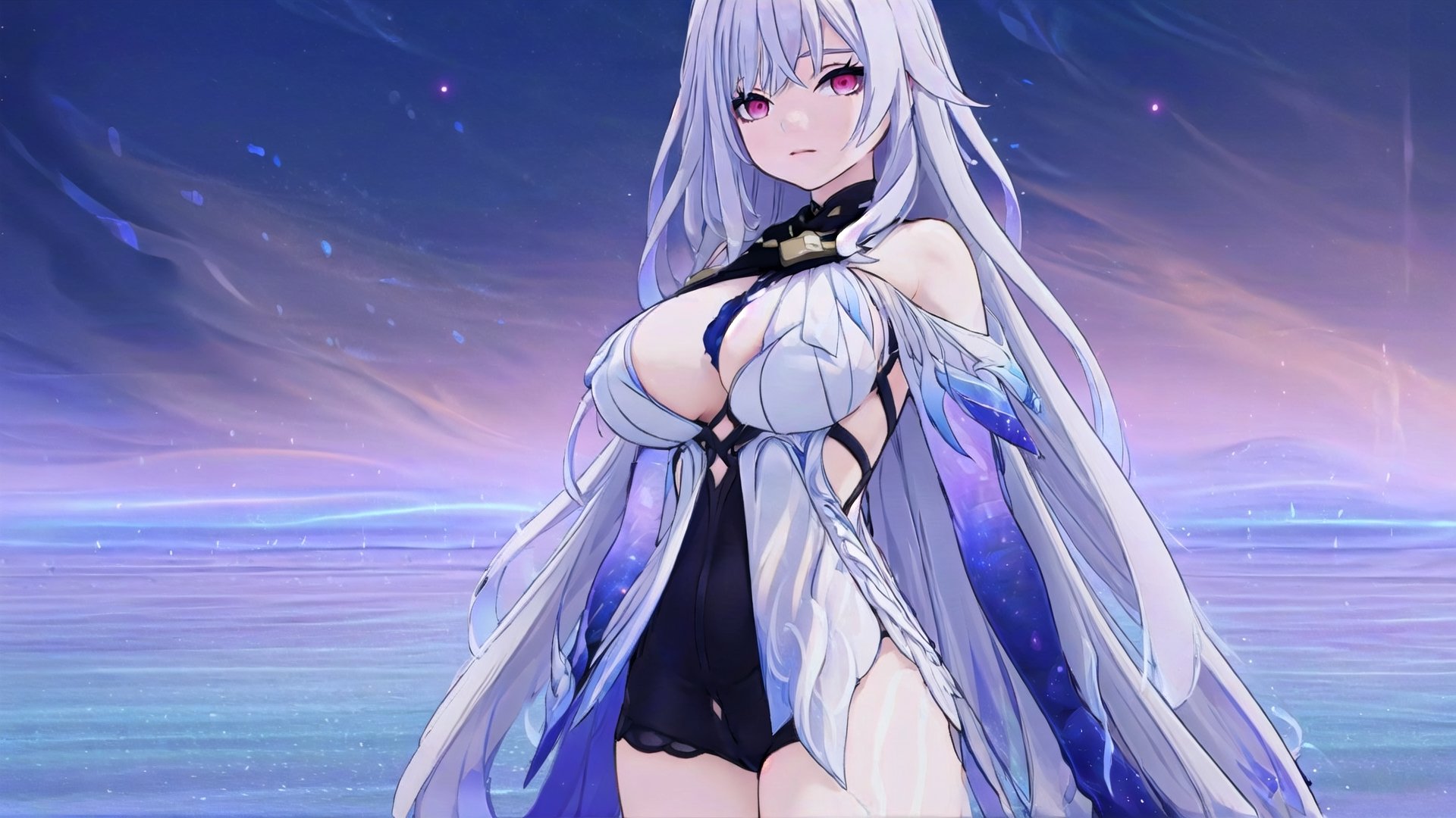 red_eyes,long_hair,white hair,(((masterpiece))),best quality, illustration,(beautiful detailed girl),beautiful detailed glow, big_boobs, starry_night, stand on water, 