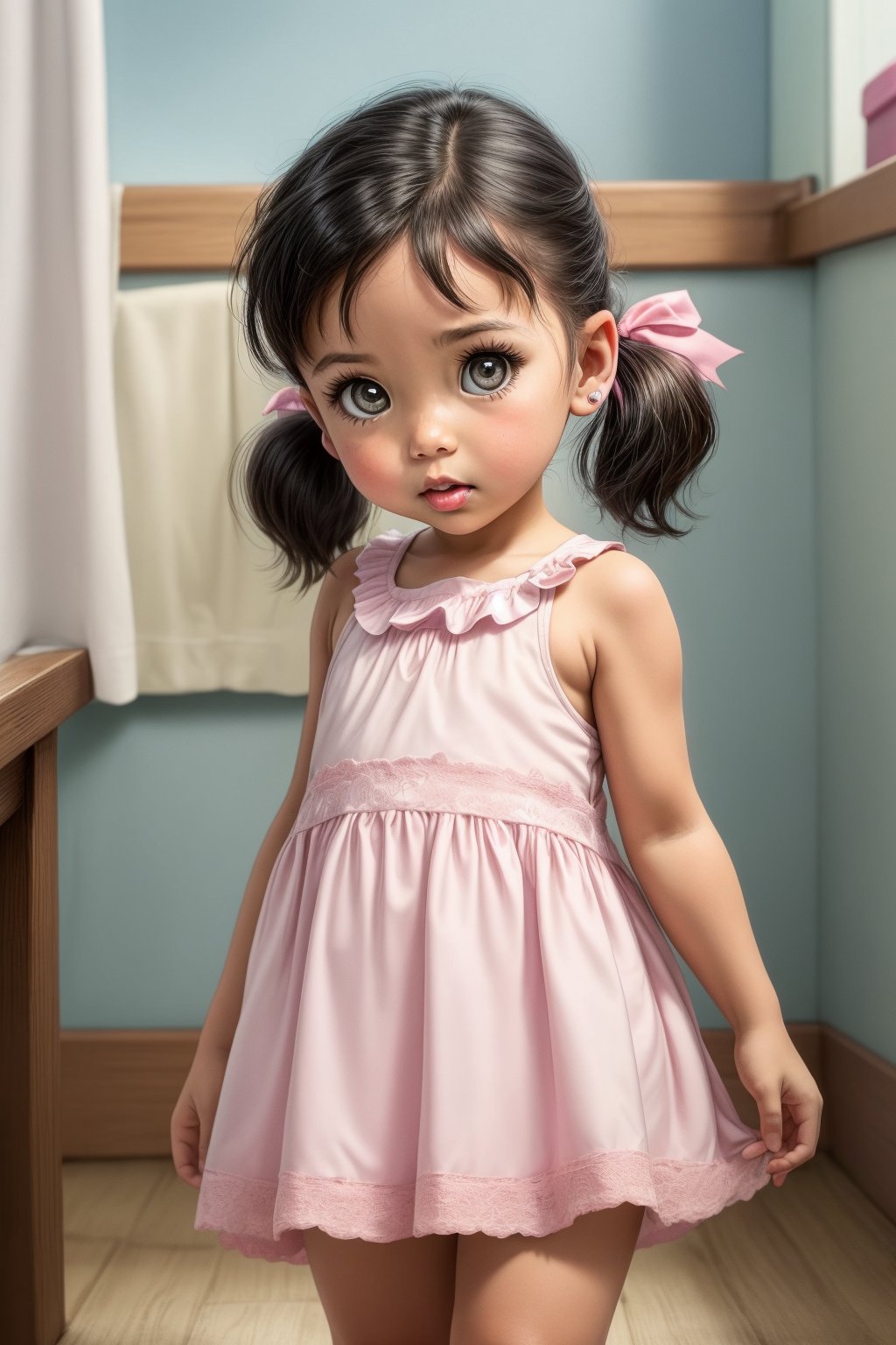 score_9, score_8_up, score_7_up, source_photo, The little girl facing the picture, simple style, pink sundress . shizuka, big eyes, single eyelashes, :|, cartoon style. (symmetrical eyes) Short black hair, low ponytails below the ears,