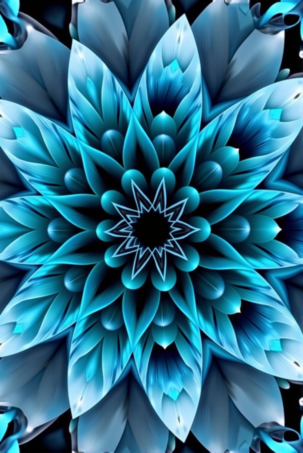 A mesmerizing digital artwork of a flower. The flower is intricately designed with layers of petals that spiral outwards in a beautiful, fractal pattern. The dominant colors are shades of blue and turquoise, with subtle hints of white. The center of the flower is darker, almost black, which contrasts with the lighter petals. The artwork is symmetrical, with the petals radiating outwards from the center in a harmonious manner.