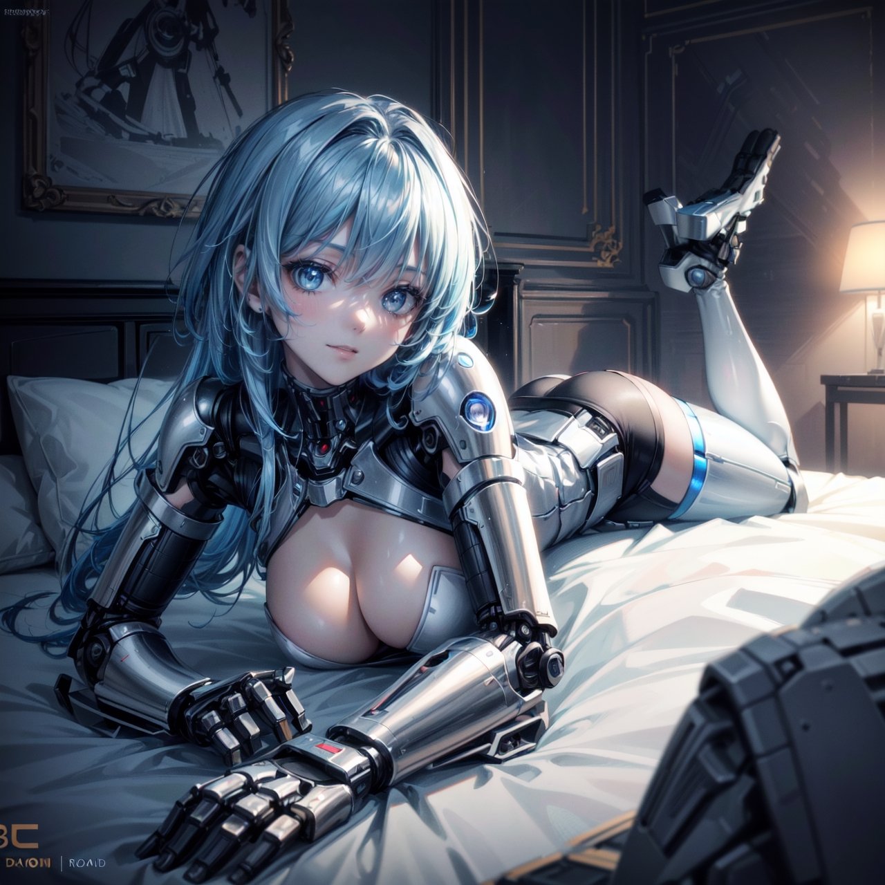 ((high resolution. 8K)), break. ((Illustraion and CG mixed style)), break. ((1 girl)), ((One android girl with archaic smile)), break. ((relax in the morning's bedroom)), ((lying on the double bed)), (background: a modern bedroom with a double bed), break. ((blue hair:1.3)), ((slender mechanical boby)),  ((brighten parts:1.2)), ((intricate internal structure)), break. ((Her body is painted by chrome and light colors)), break. robotic arms, robotic legs, robotic hands, ((robotic joint:1.2)), break. Cinematic angle, panorama, ultra fine quality, masterpiece, best quality, incredibly absurdres, fhighly detailed, sharp focus, (photon mapping, radiosity, physically-based rendering, automatic white balance)