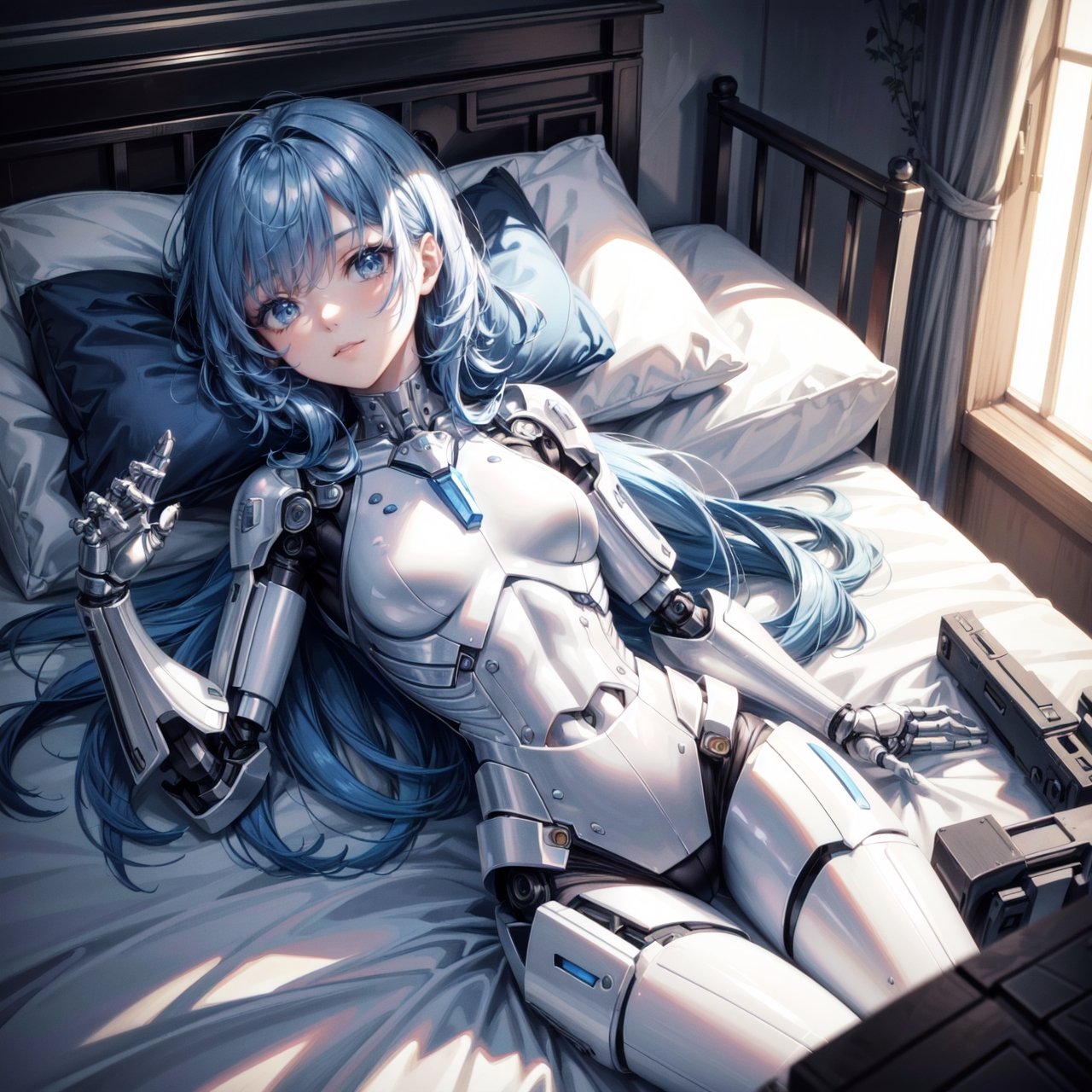 ((high resolution. 8K)), break. ((Illustraion and CG mixed style)), break. ((1 girl)), Japanese anime style android girl with archaic smile, break. ((relax in the morning's bedroom)), ((lying on her back, on the double bed)), (background: a modern bedroom with a double bed), break. ((blue hair:1.3)), ((slender mechanical boby with brighten parts)), ((intricate internal structure)), break. ((Her body is painted by chrome and light colors)), break. robotic arms, robotic legs, robotic hands, ((robotic joint:1.3)), break. Cinematic angle, panorama, ultra fine quality, masterpiece, best quality, incredibly absurdres, fhighly detailed, sharp focus, (photon mapping, radiosity, physically-based rendering, automatic white balance), masterpiece, best quality