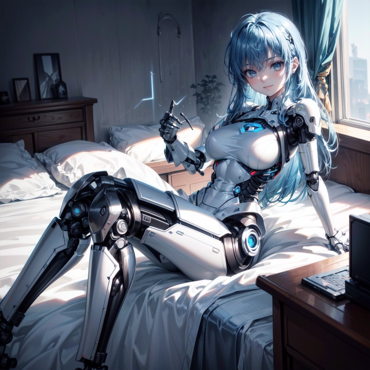 ((high resolution. 8K)), break. ((Illustraion and CG mixed style)), break. ((1 girl)), ((One android girl with archaic smile)), break. ((relax in the morning's bedroom)), ((lying on the double bed)), (background: a modern bedroom with a double bed), break. ((blue hair:1.3)), ((slender mechanical boby)), ((brighten parts:1.2)), ((intricate internal structure)), break. ((Her body is painted by chrome and light colors)), break. robotic arms, robotic legs, robotic hands, ((robotic joint:1.2)), break. Cinematic angle, panorama, ultra fine quality, masterpiece, best quality, incredibly absurdres, fhighly detailed, sharp focus, (photon mapping, radiosity, physically-based rendering, automatic white balance),masterpiece