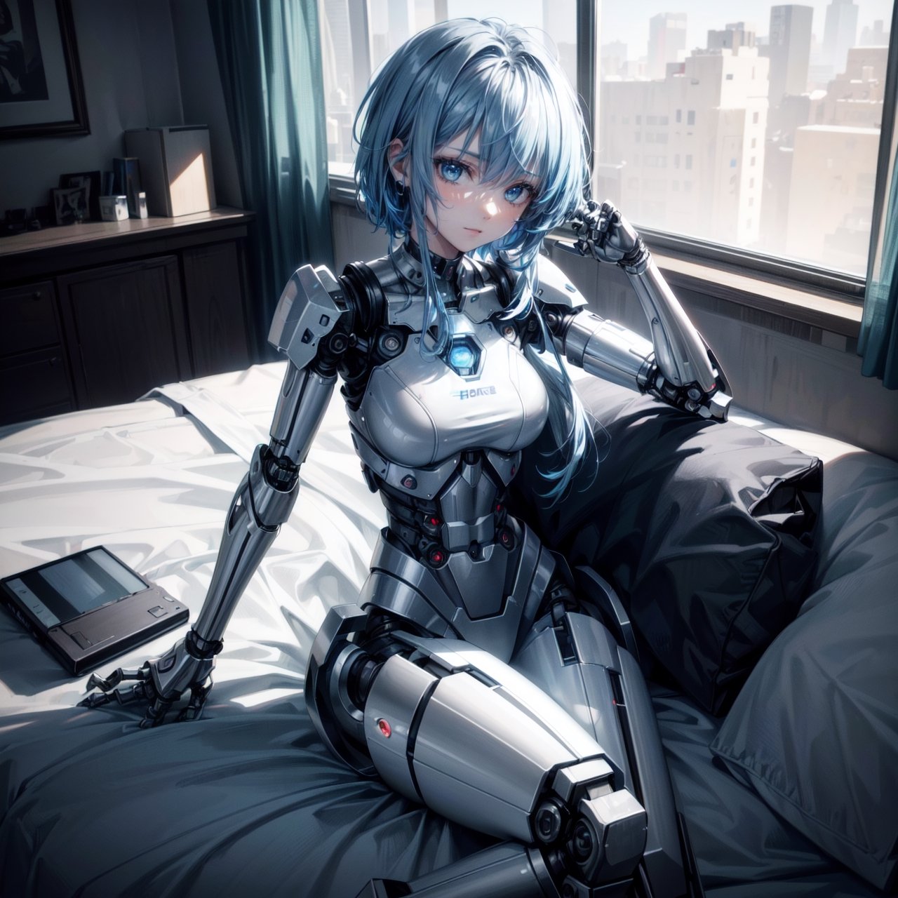 ((high resolution. 8K)), break. ((Illustraion and CG mixed style)), break. ((1 girl)), A android girl with archaic smile, break. ((relax in the morning's bedroom)), ((lying on the double bed)), (background: a modern bedroom with a double bed), break. ((blue hair:1.3)), ((slender mechanical boby with brighten parts)), ((intricate internal structure)), break. ((Her body is painted by chrome and light colors)), break. robotic arms, robotic legs, robotic hands, ((robotic joint:1.3)), break. Cinematic angle, panorama, ultra fine quality, masterpiece, best quality, incredibly absurdres, fhighly detailed, sharp focus, (photon mapping, radiosity, physically-based rendering, automatic white balance)