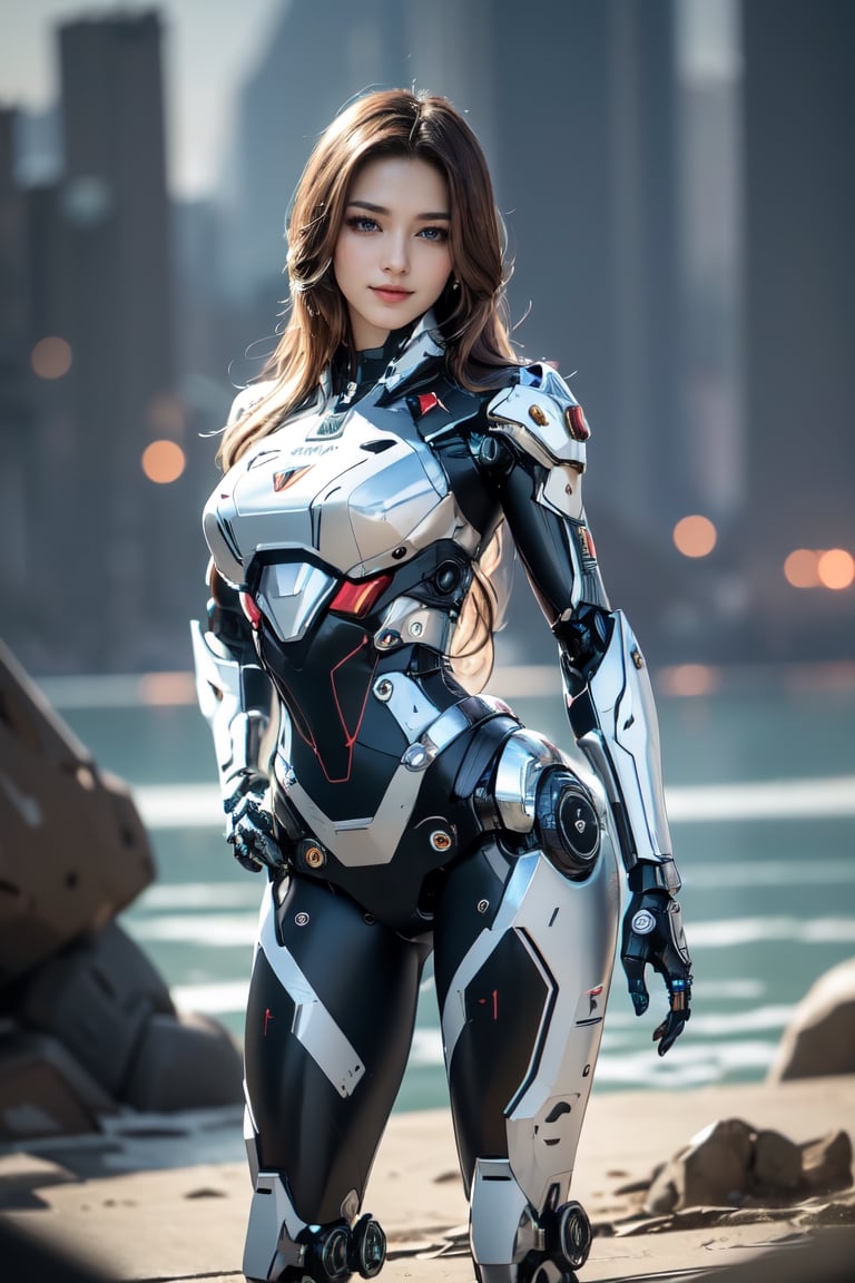 RAW photo, Best picture quality, high resolution, 8k, HDR, highres, (absurdres:1.2), realistic, sharp focus, realistic image of elegant lady, Korean beauty, supermodel, break. 1 girl, (red long hair:1.3), swordup, looking at viewer, smiling, break. (wearing high-tech cyberpunk style chrome mecha suit), radiant Glow, sparkling suit, mecha, break. (sliver eyes:1.3), (put hands on her hip), perfectly customized high-tech mecha suit, custom design, break. (lakeside:1.3), (beautiful landscape painting:1.3), break. (LED lighting parts on her body:1.2), (robotic arms), (robotic legs), (robotic hands), (robotic joint), robot, roblit