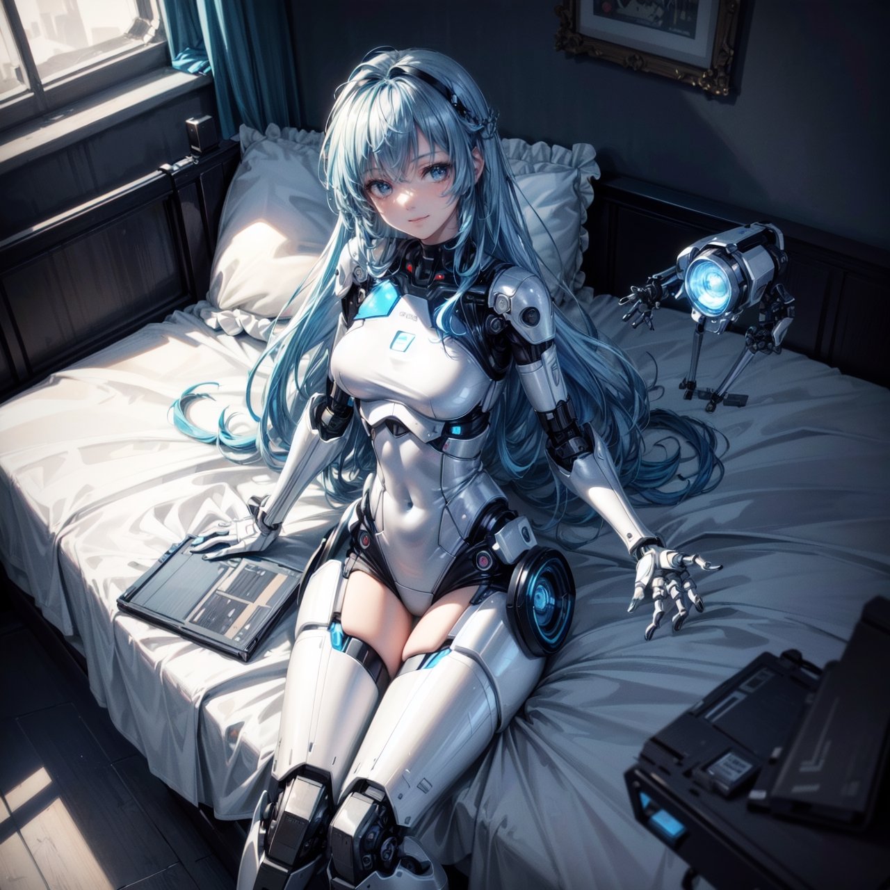 ((high resolution. 8K)), break. ((Illustraion and CG mixed style)), break. ((1 girl)), ((One android girl with archaic smile)), break. ((relax in the morning's bedroom)), ((lying on the double bed)), (background: a modern bedroom with a double bed), break. ((blue hair:1.3)), ((slender mechanical boby)), ((brighten parts:1.2)), ((intricate internal structure)), break. ((Her body is painted by chrome and light colors)), break. robotic arms, robotic legs, robotic hands, ((robotic joint:1.2)), break. Cinematic angle, panorama, ultra fine quality, masterpiece, best quality, incredibly absurdres, fhighly detailed, sharp focus, (photon mapping, radiosity, physically-based rendering, automatic white balance),masterpiece