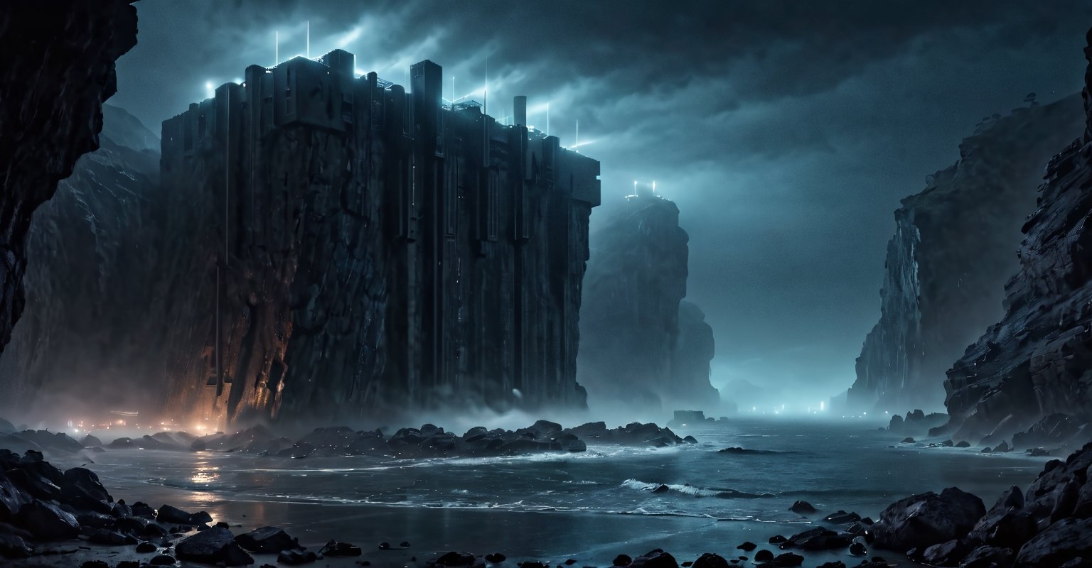 Best quality, extremely detailed, 8k, masterpiece, night, darkness, mist, shore, cliff, calm sea, rocks, very thick fog, realistic, eerie, gloomy, scary atmosphere, threatening, gloomy, from Viewed from a distance, extremely fine and detailed, dark reinforced concrete fortifications with vertical, floor-to-ceiling windows, futuristic architecture, architectural neon lights,