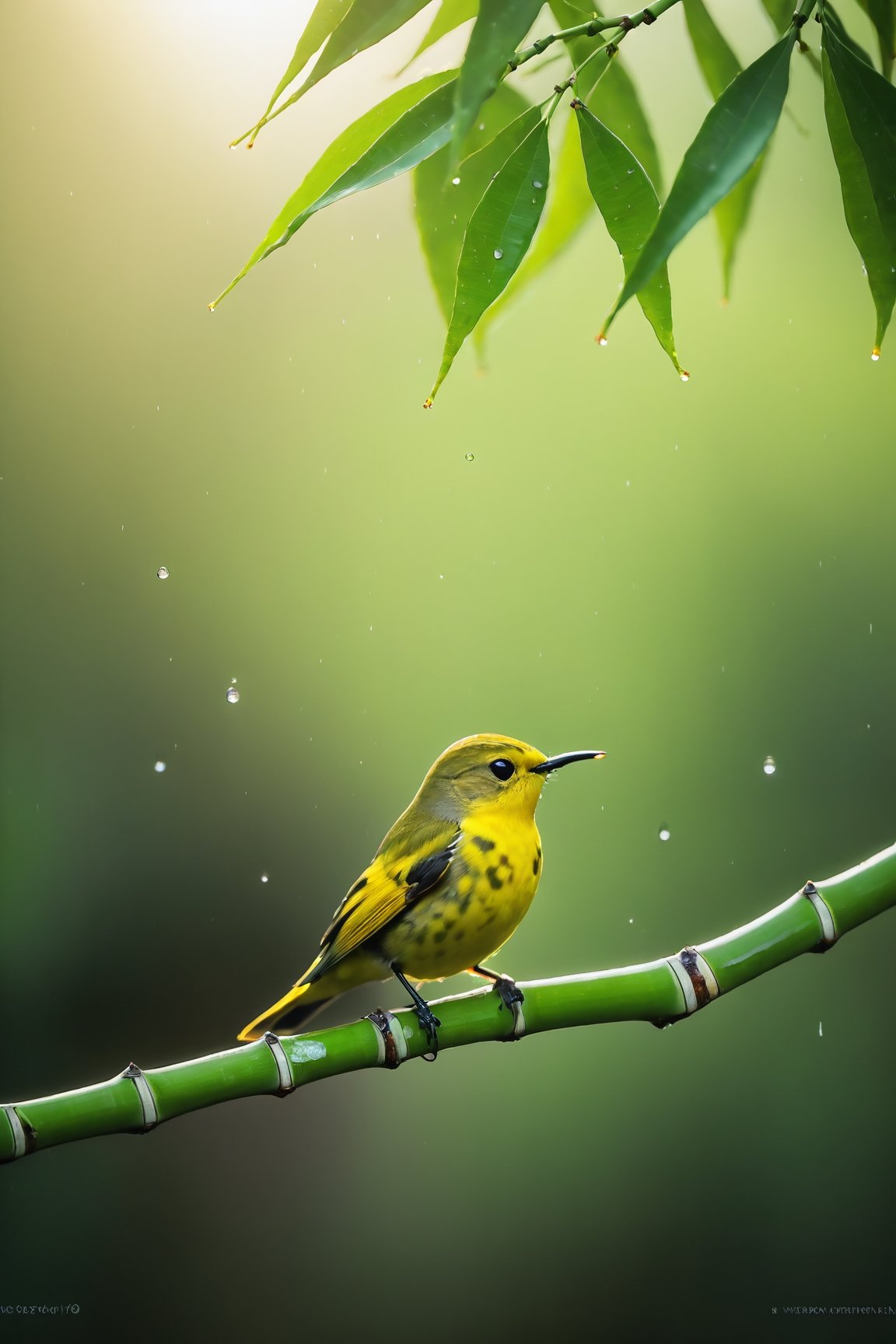 Rainwater, sweet-scented osmanthus tree, sweet-scented osmanthus, bamboo, close-up of bamboo leaves, colorful and beautiful birds, mellow and cute birds (documentary photo: 1.3). BREAK (full body shot: 1.2), perched on a branch, creative shadow play, eye level, BREAK (shot on Canon EOS 5D: 1.4), Fujicolor Pro film, Miko Lagerstedt style/Liam Wong/Nan Goldin/Lee Friedlander, BREAK (photorealism :1.3), vignette, highest quality, detailed and intricate, original footage, digital painting, moonster