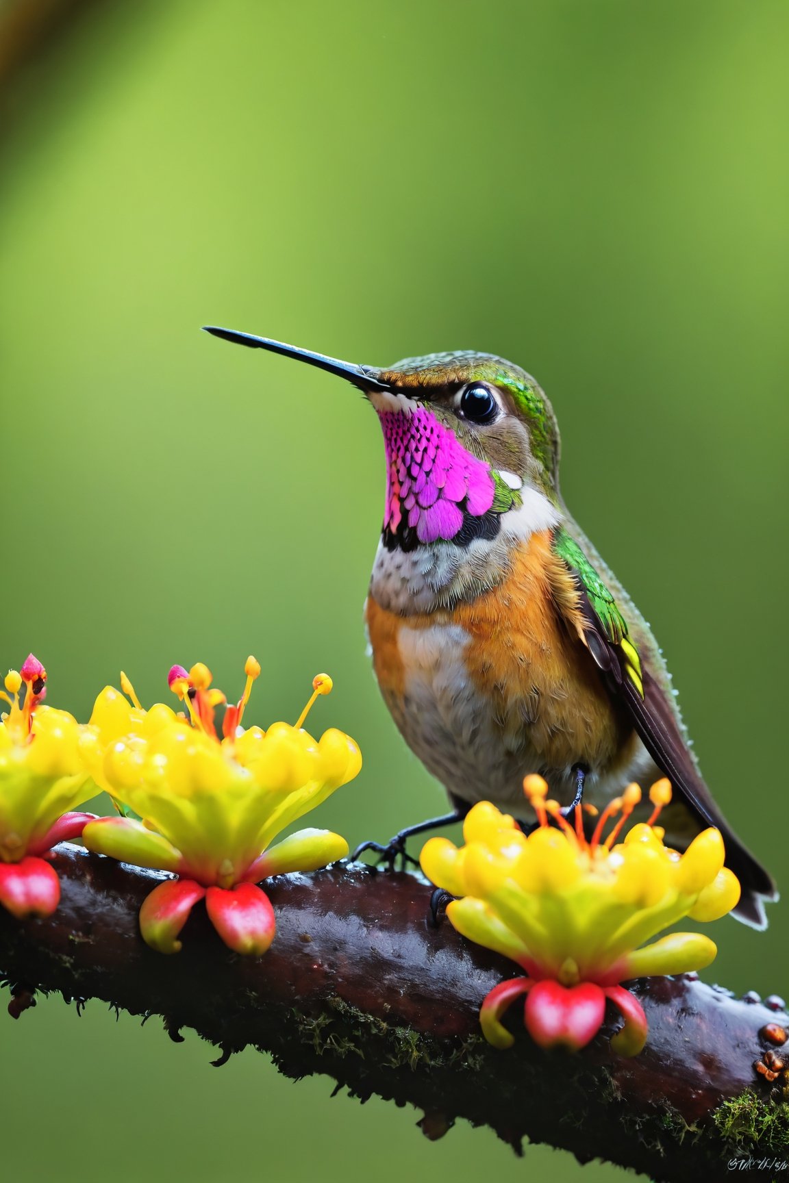 Rain, forest background, close-up of rhododendron, hummingbird, beautiful colorful bird, colorful bird, chubby cute bird (documentary photo: 1.3). BREAK (full body shot: 1.2), perched on a branch, creative shadow play, eye level, BREAK (shot on Canon EOS 5D: 1.4), Fujicolor Pro film, Miko Lagerstedt style/Liam Wong/Nan Goldin/Lee Friedlander, BREAK (photorealism :1.3), vignette, highest quality, detailed and intricate, original footage, digital painting, moonster