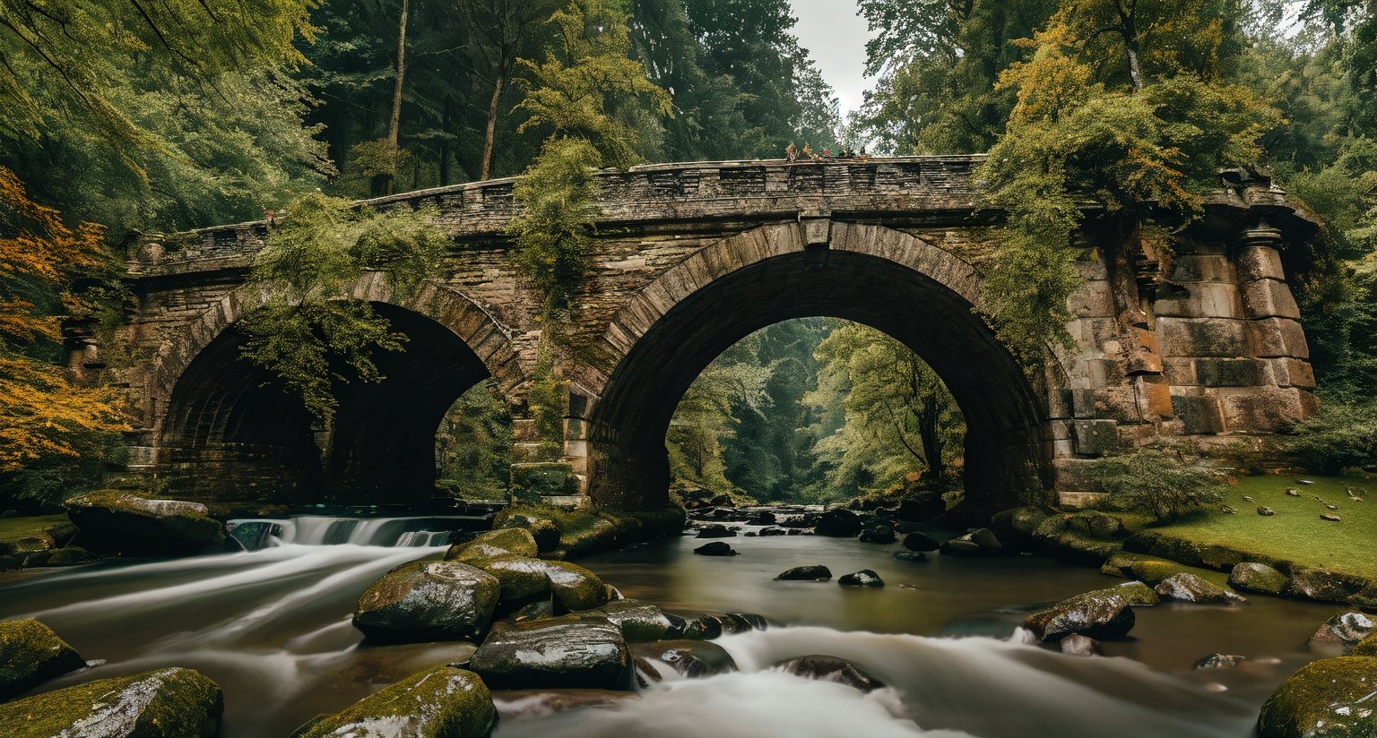 Forest, beautiful forest, rain, grass, rocks, cliffs, stone arch bridge with sculptures, beautiful stone bridge, epic movie style, masterpiece, perfect quality, exquisite details, real, clear, sharp, detailed, professional photos. (((comparison))), 8k, Ultra HD quality, cinematic look, cool tones,