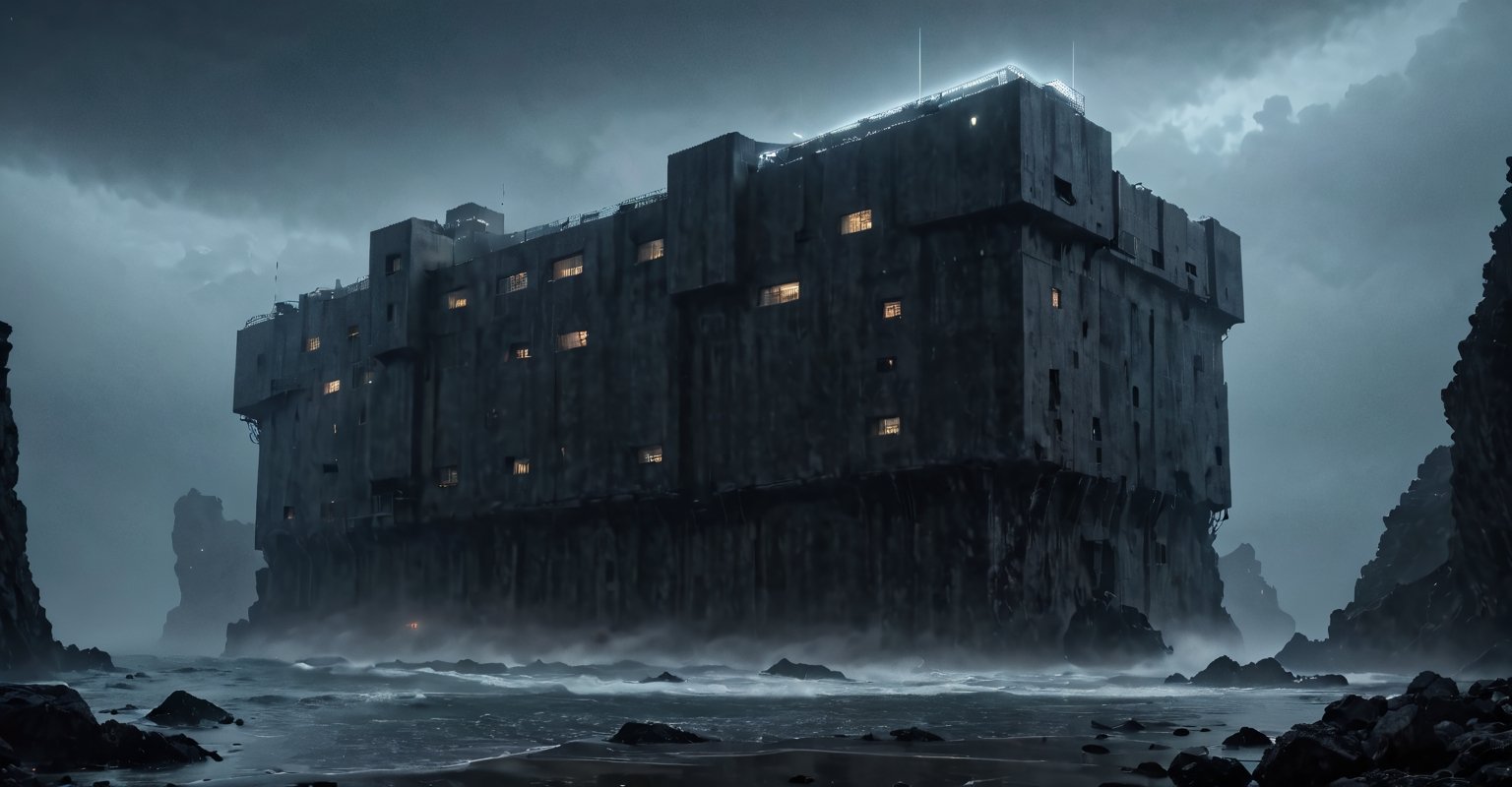 Best quality, extremely detailed, 8k, ultra high definition, perfect quality, masterpiece, night, darkness, mist, shore, cliff, calm sea, rocks, very thick fog, realistic, eerie, gloomy, scary The atmosphere, the menace, the gloom, seen from a distance, extremely fine and detailed, dark reinforced concrete fortifications with vertical, floor-to-ceiling windows, futuristic architecture, architectural neon lights,