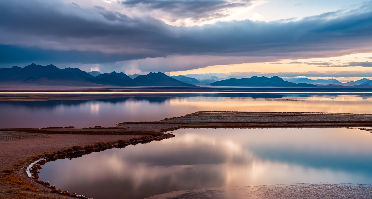 Masterpiece, highest quality, 8k high-quality photos, perfect details, perfect composition, ultra-high definition, the sky of Uyuni Salt Lake, mirror-like lake surface, water reflection, magnificent distant mountains, dark clouds, lightning, heavy rain,