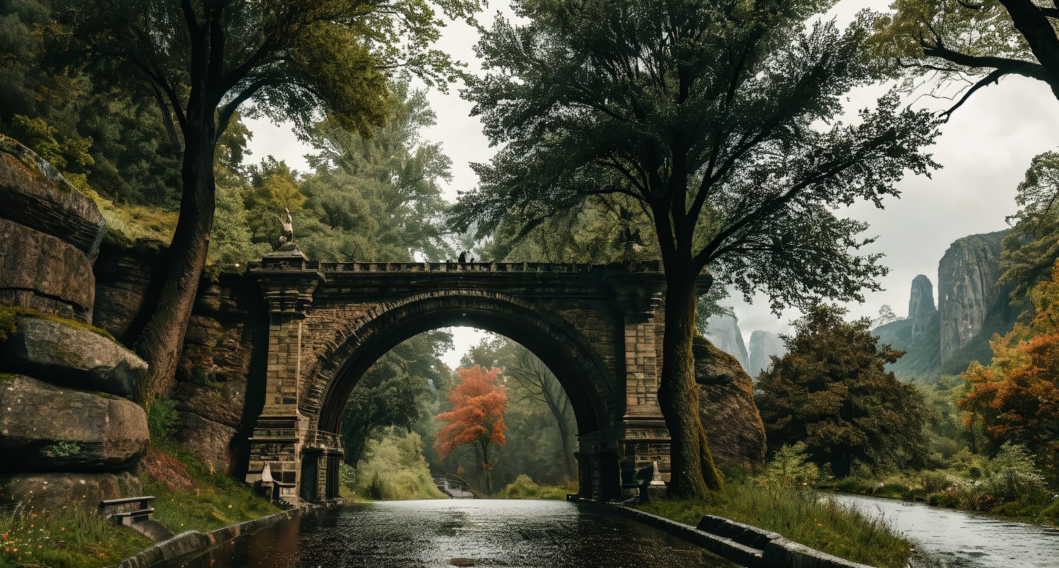 Forest, beautiful forest, rain, grass, rocks, cliffs, stone road, stone arch bridge with sculptures, epic movie style, masterpiece, perfect quality, exquisite details, real, clear, sharp, detailed, professional photos. (((Compare))), 8k, Ultra HD quality, cinematic look, cool colors,