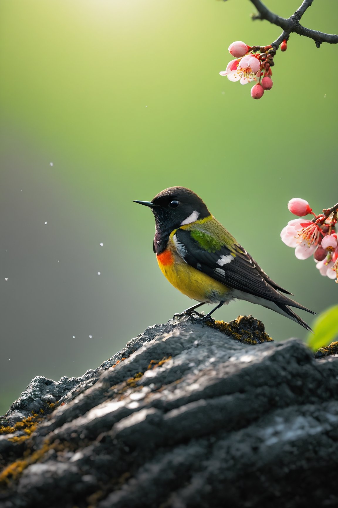 Rain, forest background, close-up of plum blossoms, five-color swallows, colorful beautiful birds, colorful birds, mellow and cute birds (documentary photo: 1.3). BREAK (full-body shot: 1.2), perched on a branch, creative shadow play, eye level, BREAK (shot on Canon EOS 5D: 1.4), Fujicolor Pro film, Miko Lagerstedt style/Liam Wong/Nan Goldin/Lee Friedlander, BREAK (photo realistic ism: 1.3), vignette, highest quality, detailed and intricate, original footage, digital painting, moonster