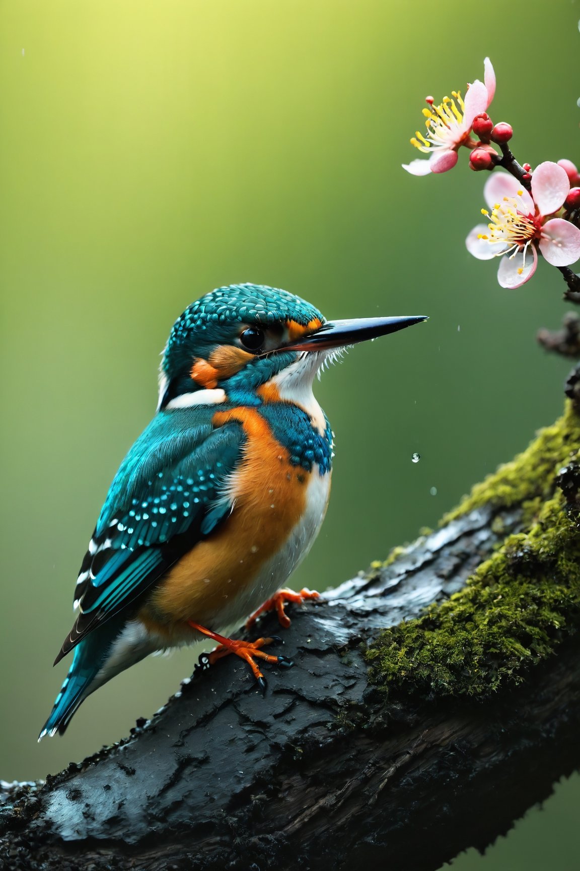 Rain, forest background, close-up of plum blossoms, kingfisher, beautiful colorful bird, colorful bird, chubby cute bird (documentary photo: 1.3). BREAK (full body shot: 1.2), perched on a branch, creative shadow play, eye level, BREAK (shot on Canon EOS 5D: 1.4), Fujicolor Pro film, Miko Lagerstedt style/Liam Wong/Nan Goldin/Lee Friedlander, BREAK (photorealism :1.3), vignette, highest quality, detailed and intricate, original footage, digital painting, moonster