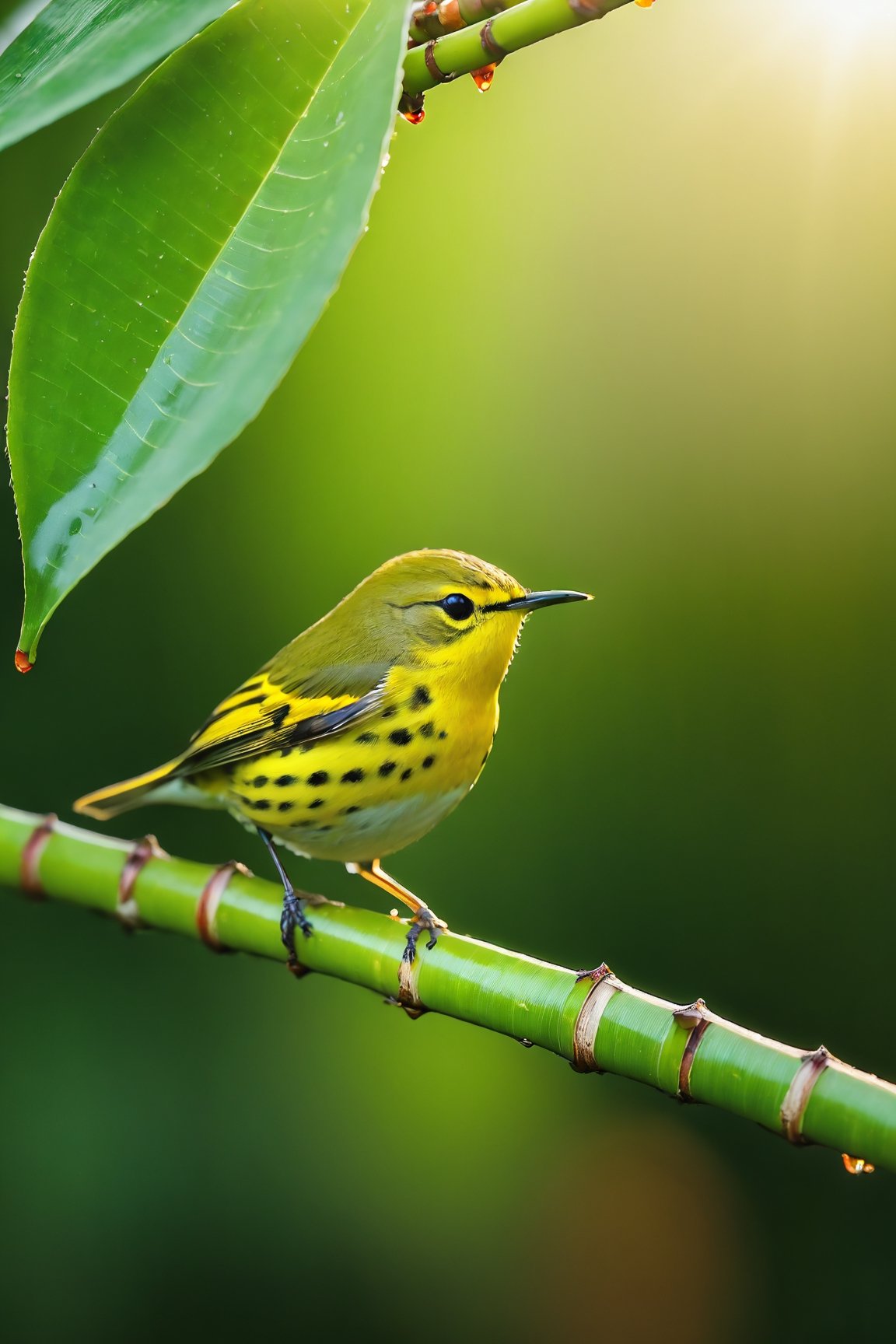 Rainwater, sweet-scented osmanthus tree, sweet-scented osmanthus, bamboo, close-up of bamboo leaves, banana warbler, beautiful colorful bird, colorful bird, mellow and cute bird (documentary photo: 1.3). BREAK (full body shot: 1.2), perched on a branch, creative shadow play, eye level, BREAK (shot on Canon EOS 5D: 1.4), Fujicolor Pro film, Miko Lagerstedt style/Liam Wong/Nan Goldin/Lee Friedlander, BREAK (photorealism :1.3), vignette, highest quality, detailed and intricate, original footage, digital painting, moonster