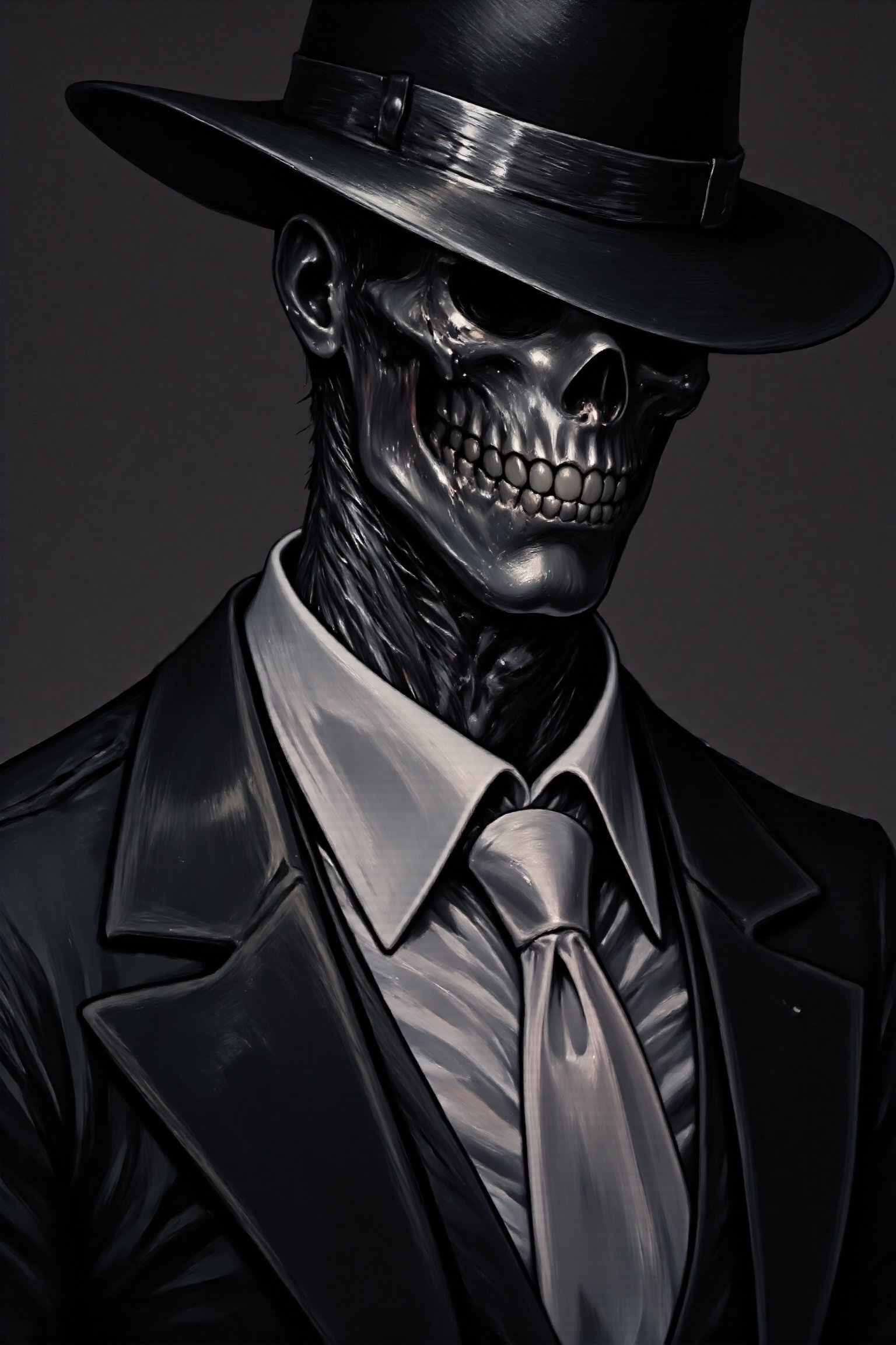 A close-up shot of a mysterious figure dressed in a sleek black suit, complete with a crisp white tie. the man is a silver mettalic skeleton and skull catches the light ominously. The mask's angular features seem to gleam with an air of sophistication, as if hiding secrets beneath its metallic surface. The background is a dark, muted tone, allowing the subject's striking attire to take center stage. Midjourney_Whisper