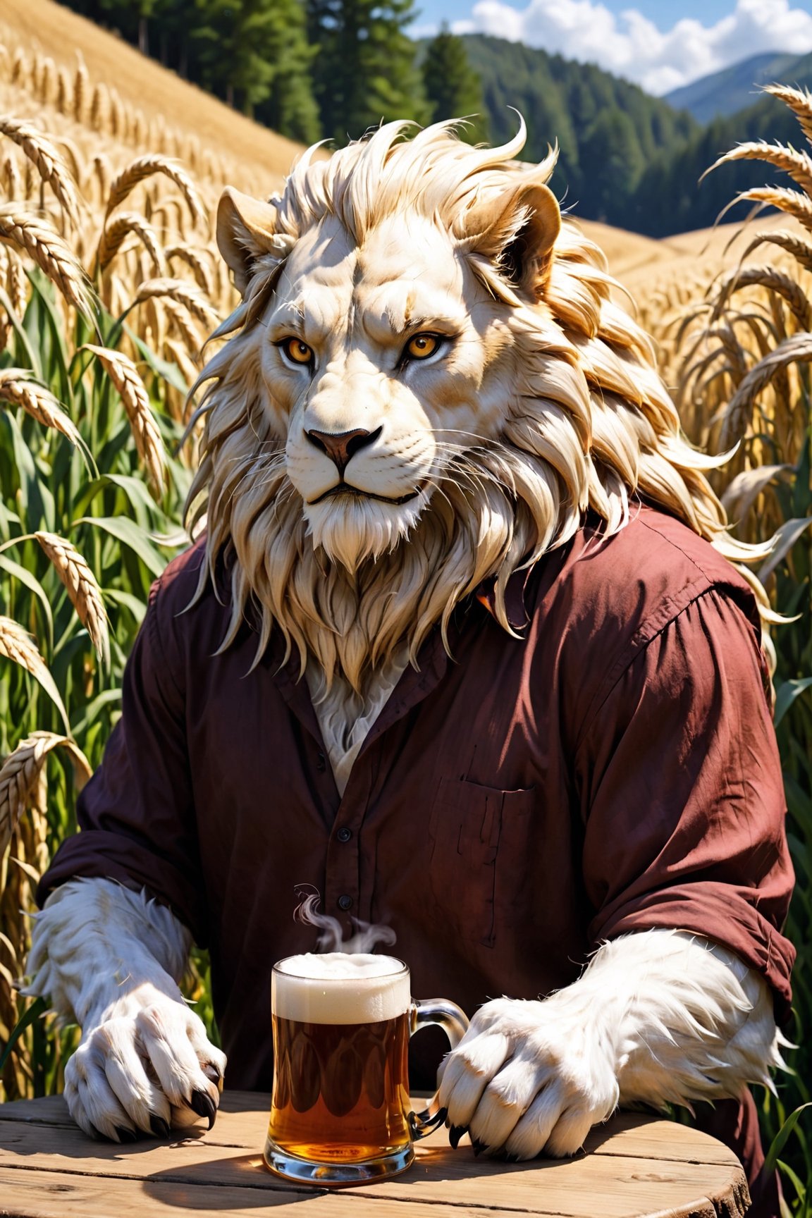 digimon leomon inspired, (furry), old male, 60yo, (caramel anthropomorphic lion), (golden mane), [white hair strands], scars, muscular body, small head , (medieval cotton shirt), wheat field, sat in a table, (wooden mug), red beer, reflection mapping, realistic figure, hyperdetailed, cinematic lighting photography, 32k uhd, albedo \(overlord\), mythical clouds,furry girl