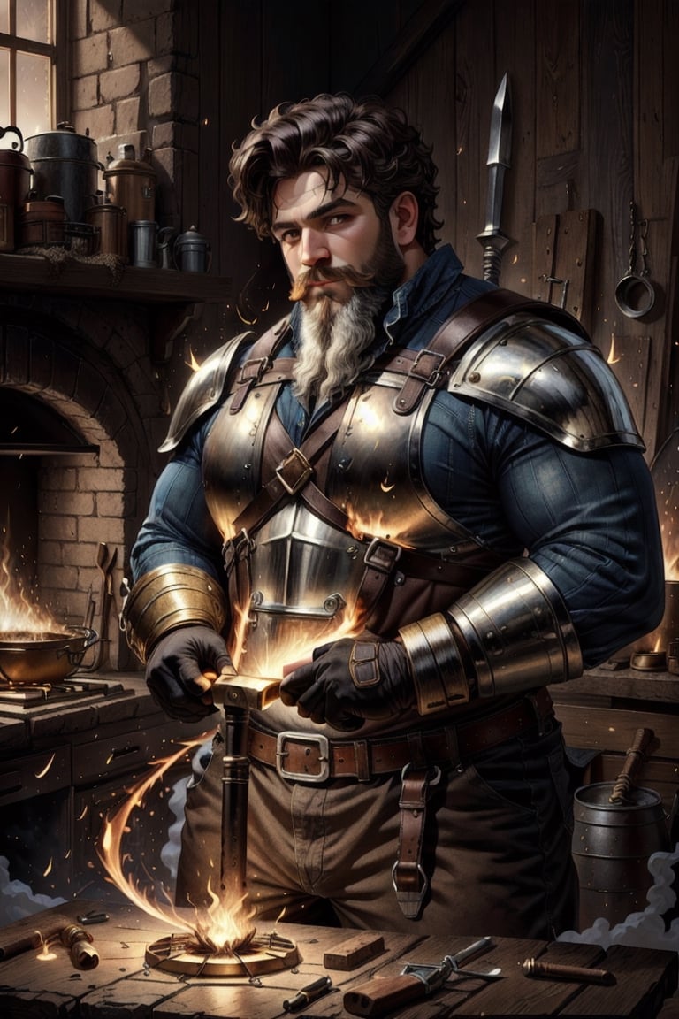 Hephaestus, smithing god, (blacksmith dwarf), solo, 1boy, holding, weapon, male focus, muscular, facail hair, green_eyes, brown_hair, white long beard, hammer, smithy, molten metal, caudron, white hot metal, realistic, unreal engine, hdr ,Fantasy, worldoffire, firefliesfireflies,light rays,leonardo, art_deco_fusion