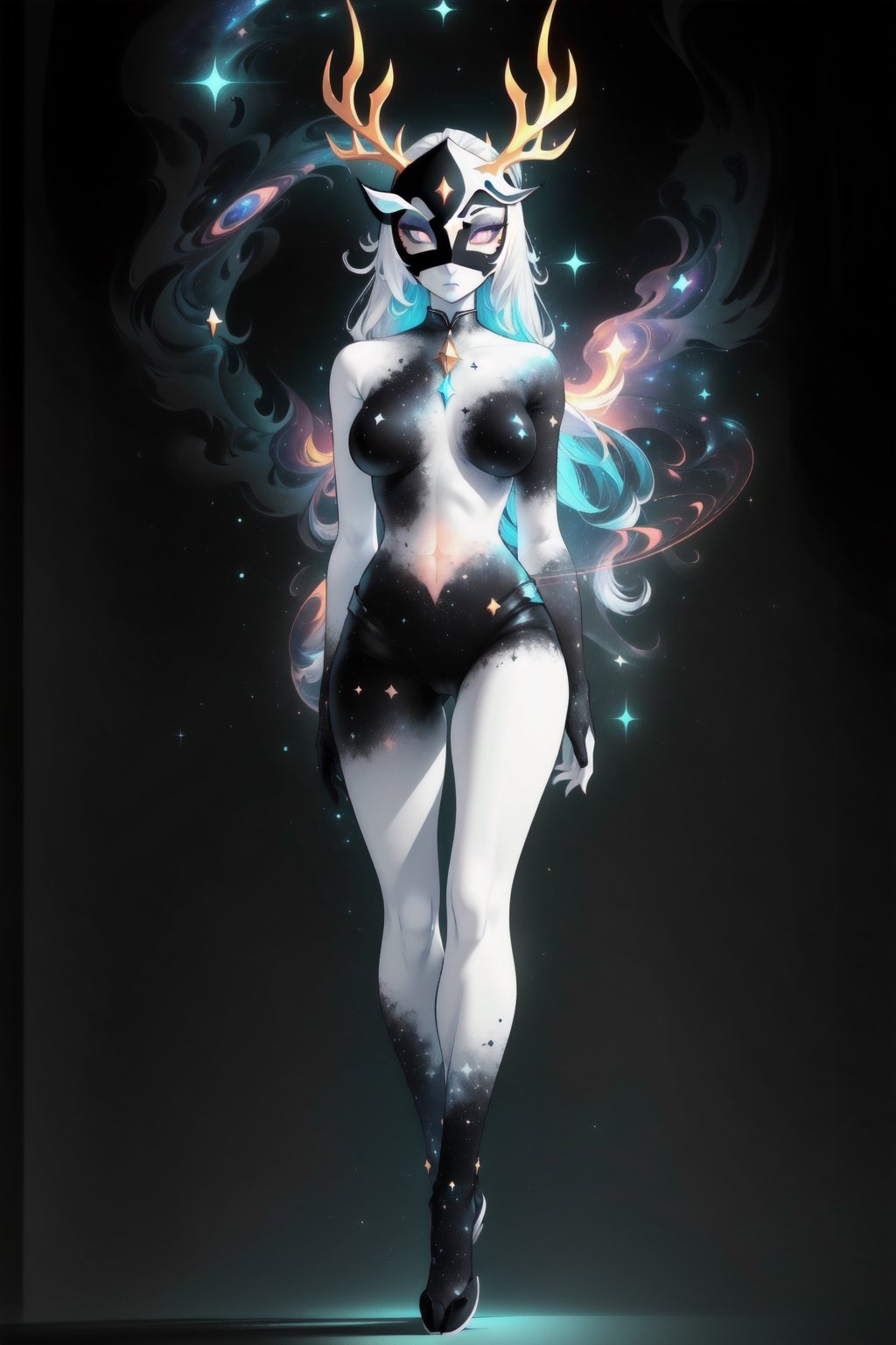 solo, tall, mature, long hair, simple background, gloves, animal ears, full body, (black skin), grey background, glowing, no pupils, starry sky print, (white elk mask:1.2), white horns, (black celestial clothes:1.2), dinamic photo, mystic, 3d render, unreal engine,Celestial Skin,