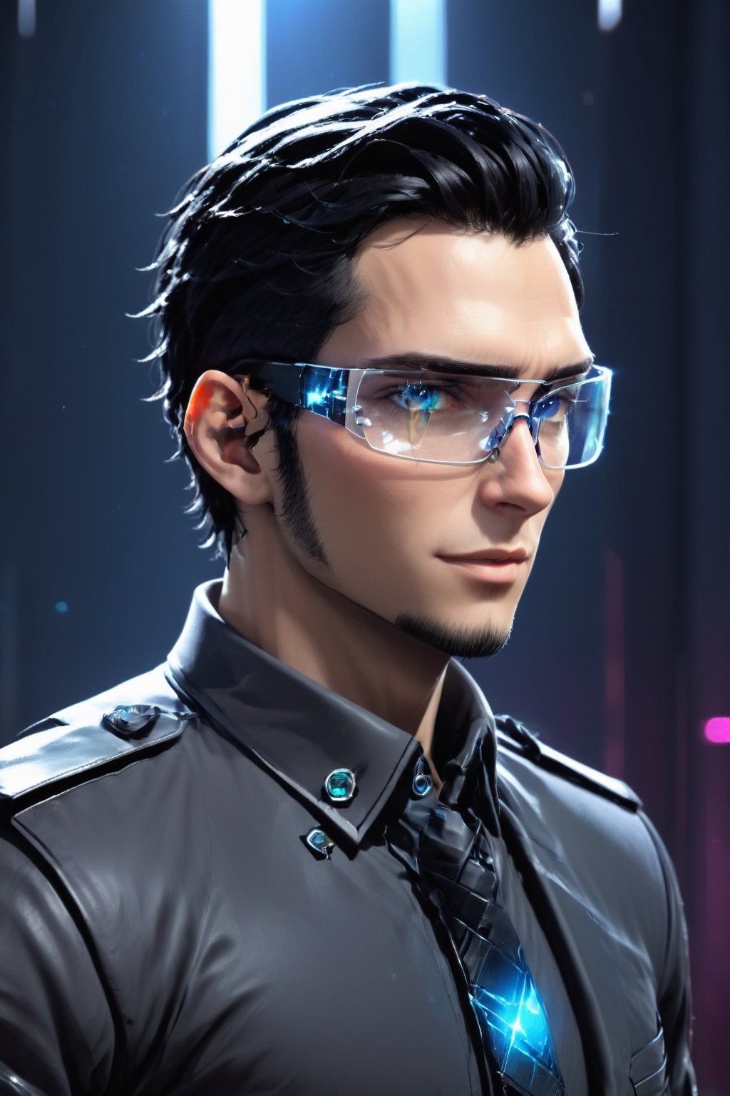 SalomanElfric, 27yo, solo, short hair, blue eyes, shirt, black hair, stylish hair swept to the right, sole male, ((facial hair, sideburns, goatee)), full body, male focus, mature male, unreal engine, realistic, 4k,HDR, sci-fi, full body, standing, grandiose, transparent glass tie, formal wear made broken shards, (stained transparent glass cyberpunk glasses:1.2)