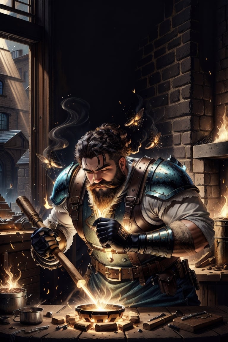 Hephaestus, smithing god, (blacksmith dwarf), solo, 1boy, holding, weapon, male focus, muscular, facail hair, green_eyes, brown_hair, white long beard, hammer, smithy, molten metal, caudron, white hot metal, realistic, unreal engine, hdr ,Fantasy, worldoffire, firefliesfireflies,light rays,leonardo, art_deco_fusion