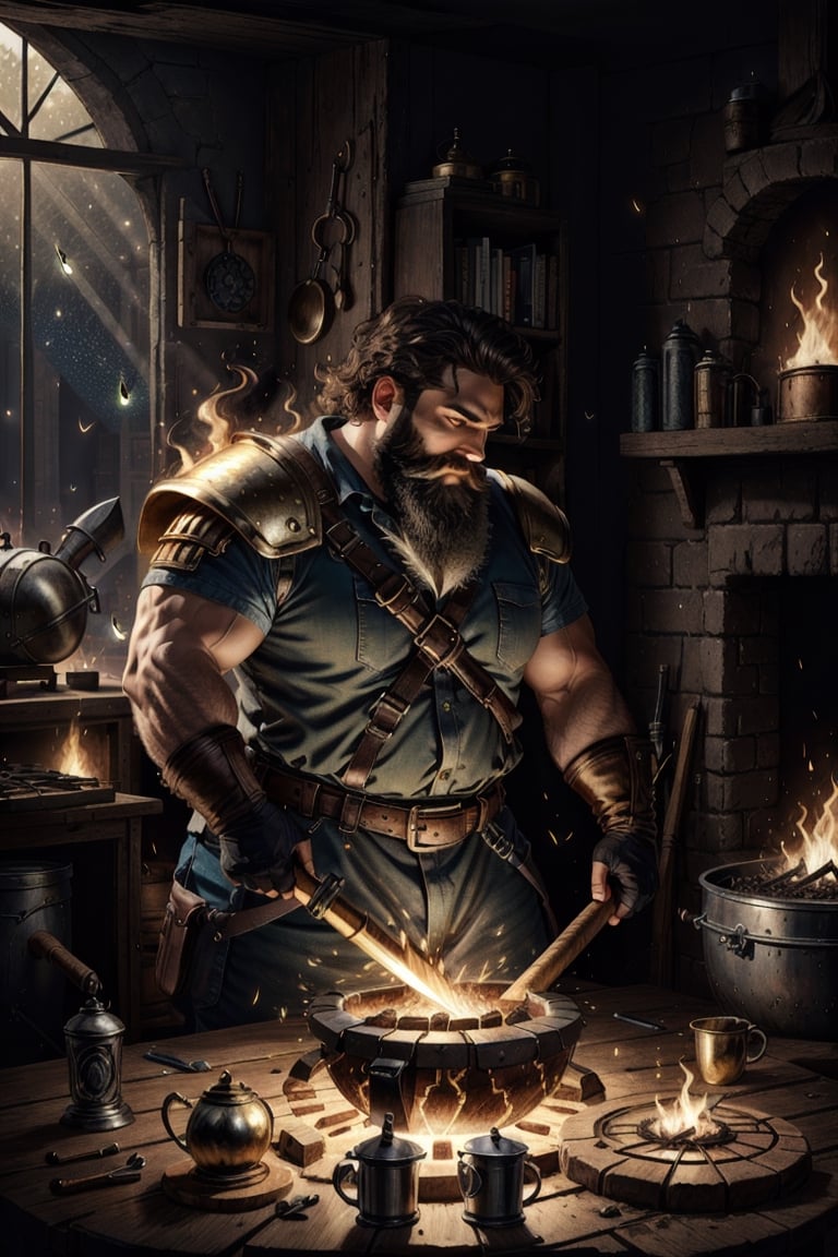 Hephaestus, smithing god, (blacksmith dwarf), solo, 1boy, holding, weapon, male focus, muscular, facail hair, green_eyes, brown_hair, white long beard, hammer, smithy, molten metal, caudron, white hot metal, realistic, unreal engine, hdr ,Fantasy, worldoffire, firefliesfireflies,light rays,leonardo, art_deco_fusion