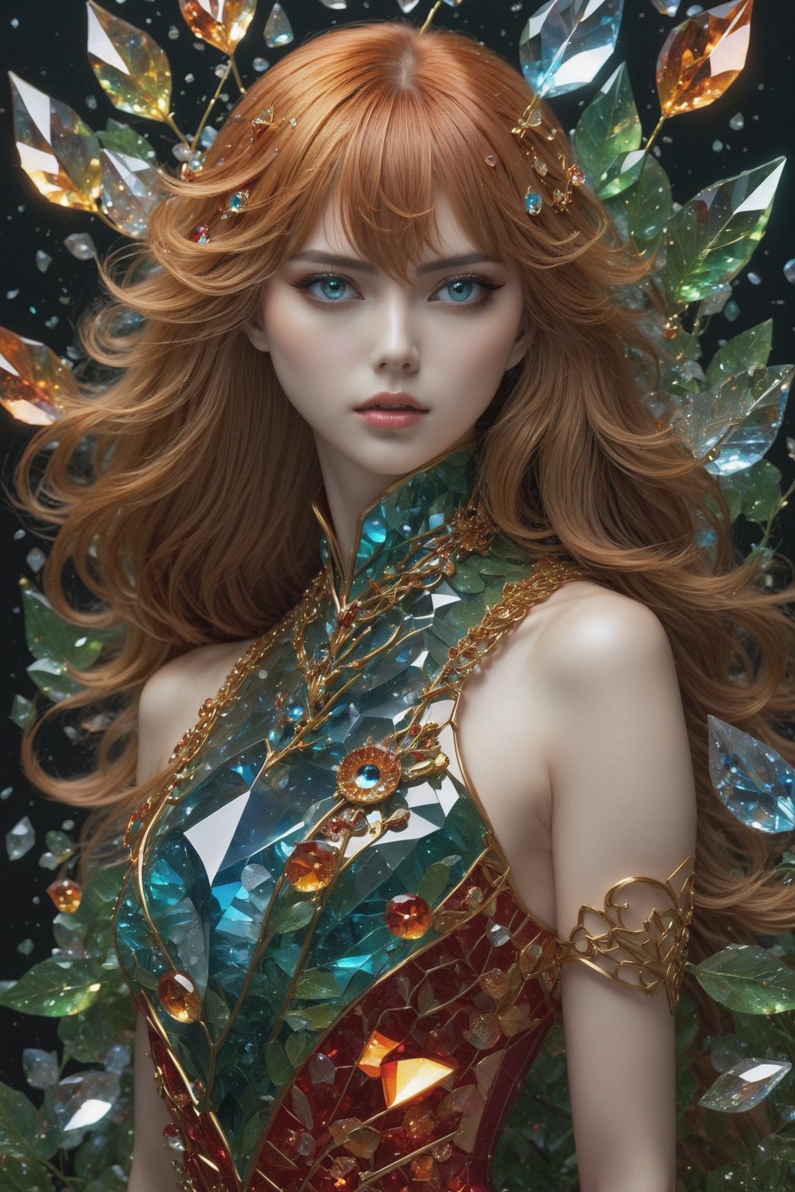 Asuka Langley Soryu adorned in a dazzling fantasy-inspired glass fantasy asymmetric dress, includes an eye-covering mask, perfect skin, Broken Glass effect, no background, stunning, something that even doesn't exist, eyes shoot,oil paint, crystal_clear, crystals made out of leaves, skpleonardostyle,