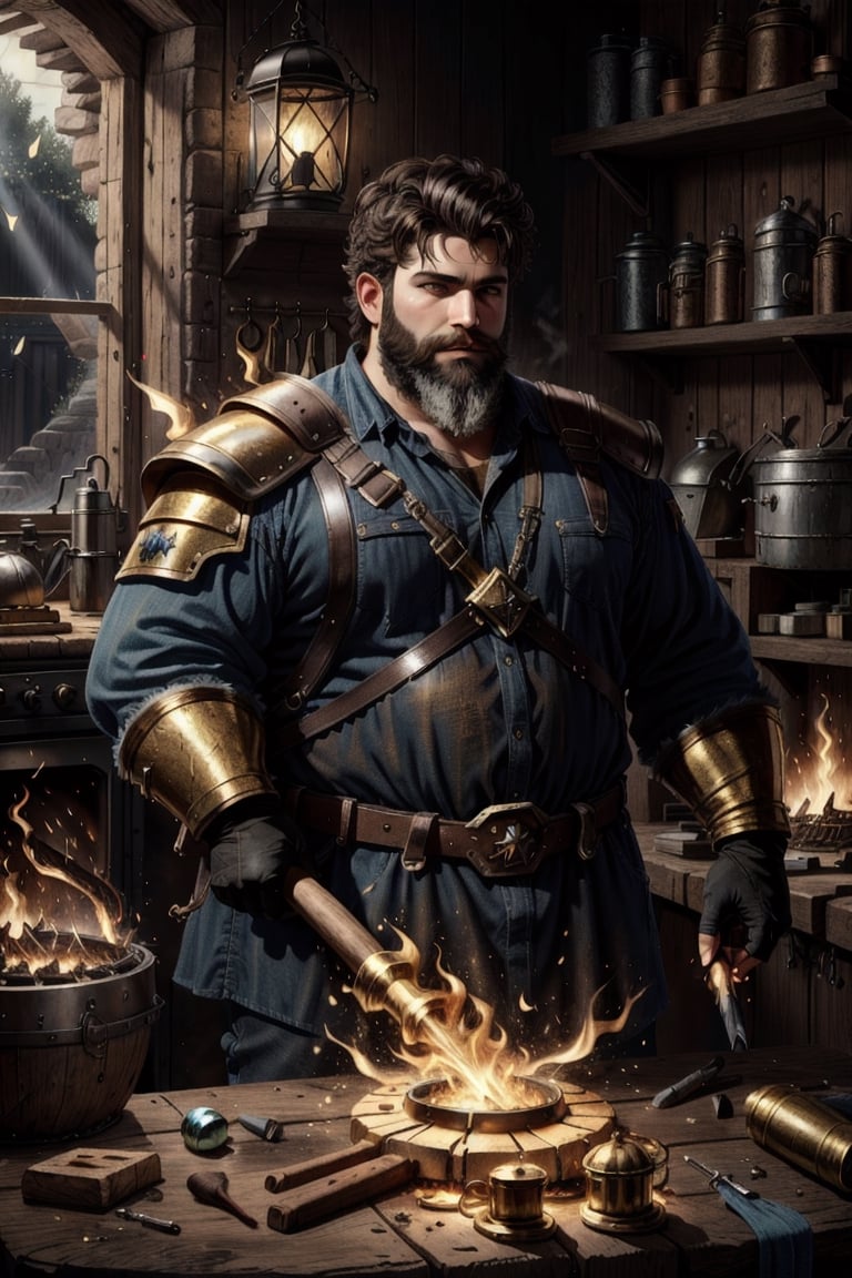 Hephaestus, smithing god, (blacksmith dwarf), solo, 1boy, holding, weapon, male focus, muscular, facail hair, green_eyes, brown_hair, white long beard, hammer, smithy, molten metal, caudron, white hot metal, realistic, unreal engine, hdr ,Fantasy, worldoffire, firefliesfireflies,light rays,leonardo, art_deco_fusion