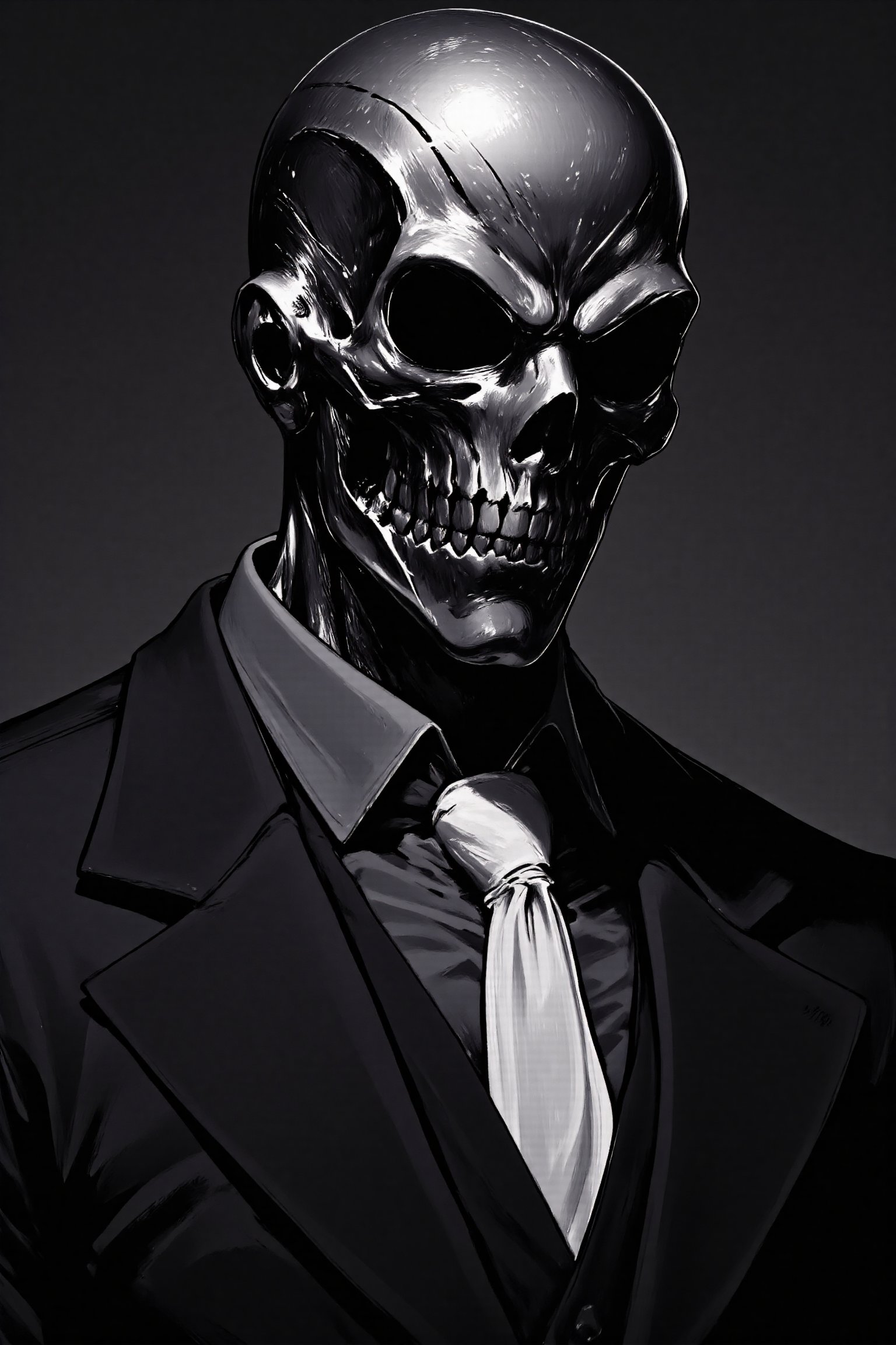 A close-up shot of a mysterious figure dressed in a sleek black suit, complete with a crisp white tie. the man is a silver mettalic skeleton and skull catches the light ominously. The mask's angular features seem to gleam with an air of sophistication, as if hiding secrets beneath its metallic surface. The background is a dark, muted tone, allowing the subject's striking attire to take center stage. REALNIME