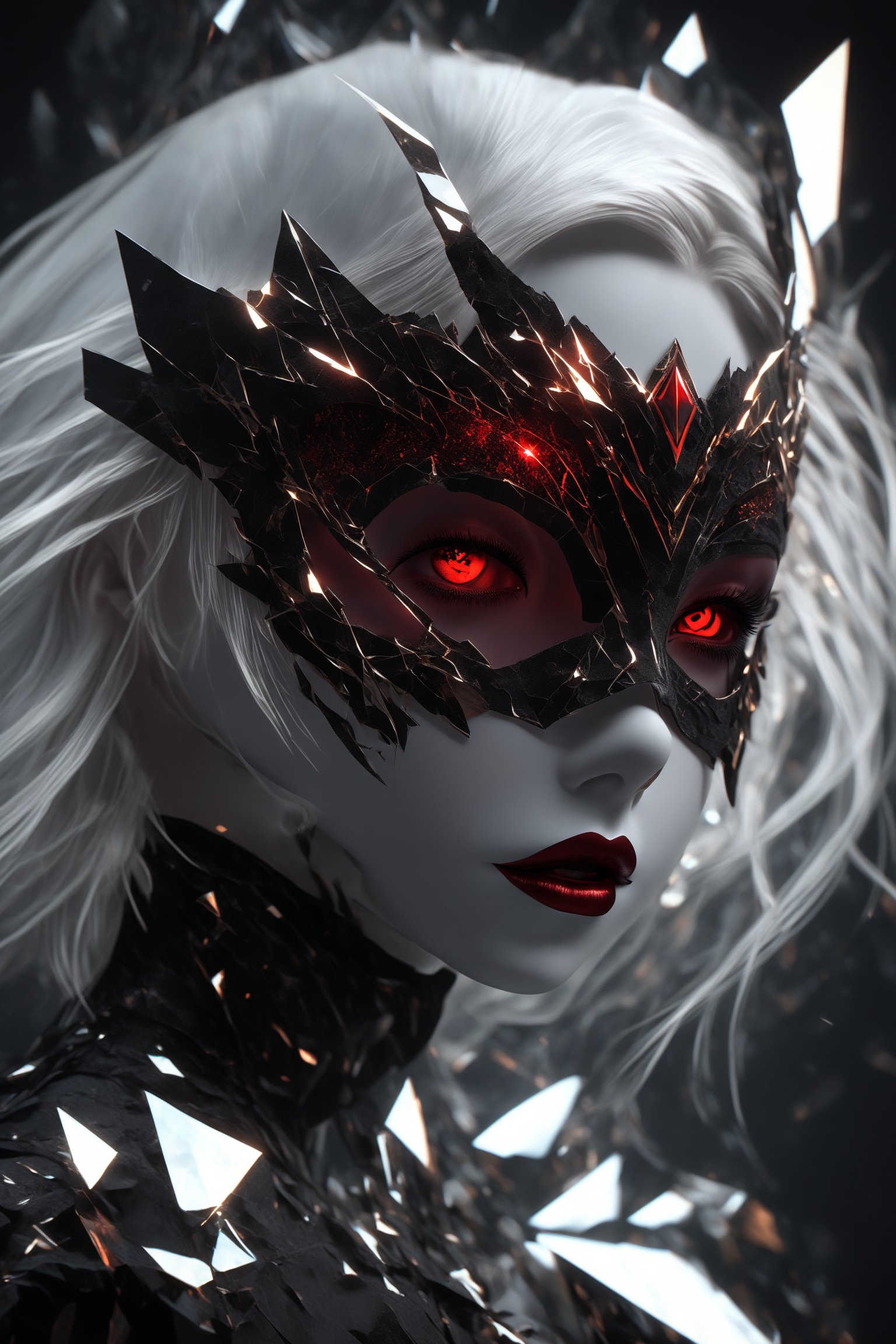 1girl, (crystal mask), broken glass bodysuit, Mavelle, pale skin, red eyes, glowing eyes, white hair, lipstick, masterpiece, digital art, award winner, bealtyfull, intense, bright colors, octane, 3d render, realistic, shards,Gold Edged Black Rose