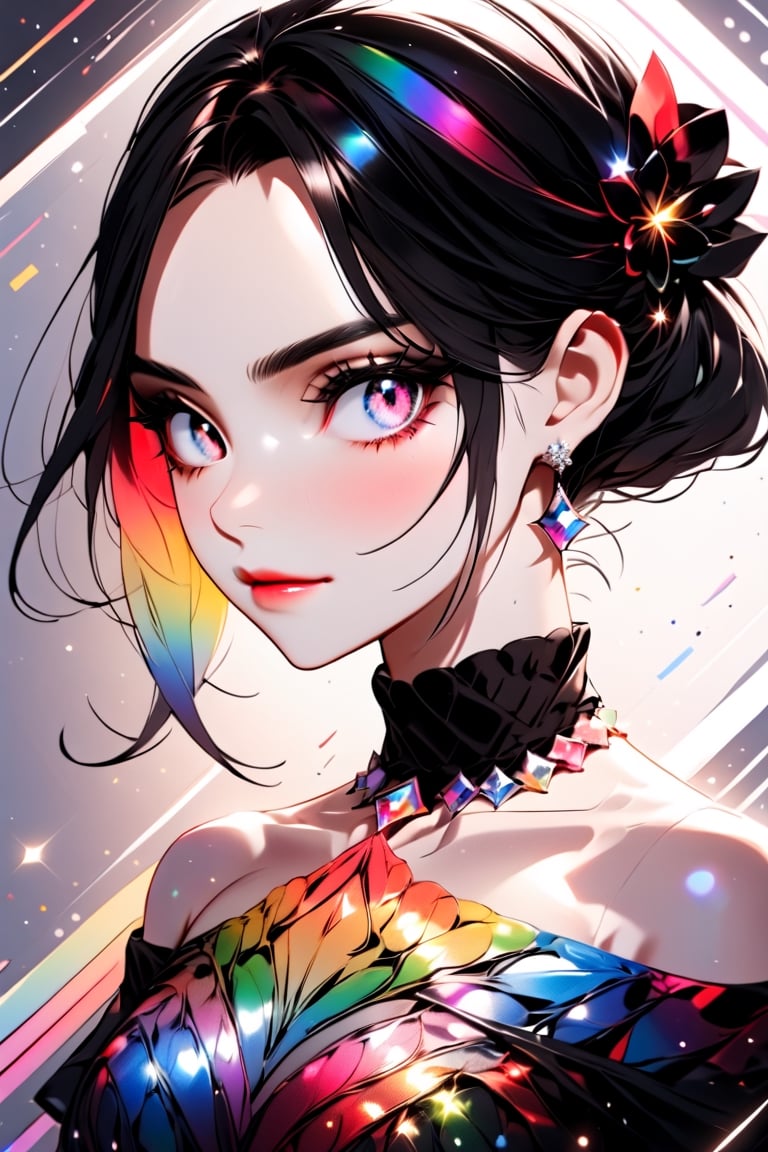 ((Rainbow Style), Anime, Real, Sketch, Thick Lines, Contents, Detailed, Detailed, 1Girl, Glowing Rainbow Eye Mask, Closed Lips, Diamond Earrings, Shining Diamond Parts, Seductive Expression, Silk Floral Off-Shoulder Dress, Order, black gradient background, texture crop, Utra), Detailed Textures, high quality, high resolution, high Accuracy, realism, color correction, Proper lighting settings, harmonious composition, Behance works, more detail XL, Anime, hentai, Utra,Utra