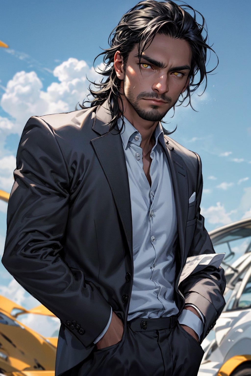 calcasian man with long black hair side swept to the right, golden eyes glowing yelow, hands on pockets, white skin, wearing a black suit, big white clouds moving in a light blue sky, very luminous, 8k, realistic, Add more detail, man, disgusted face,guy, realhands,man,Add more detail,disgusted face,looking at viewer, portrait,