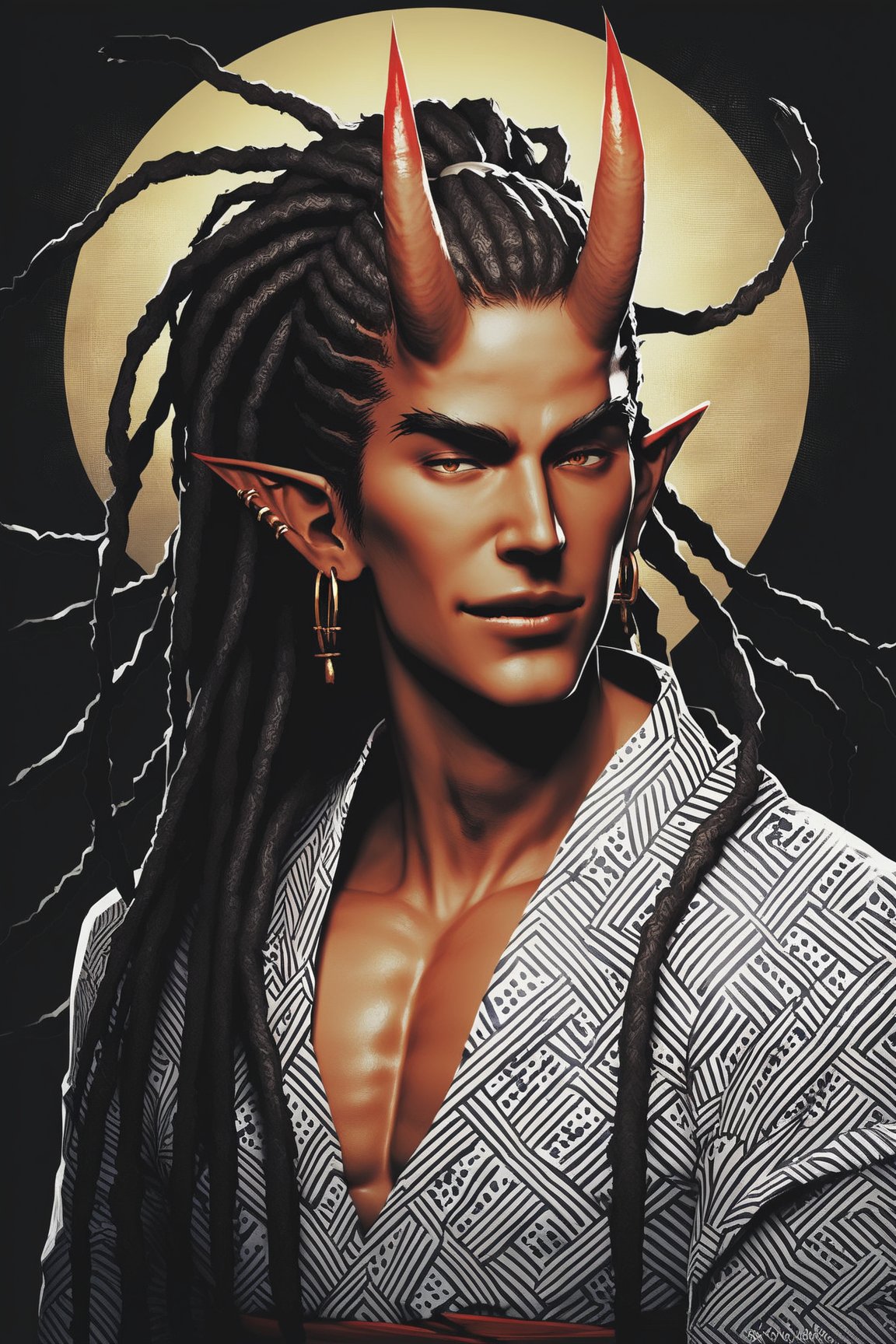 score_9, score_8_up, score_7_up, digital art, halftone effect, masterpiece. realistic, male, upper_body, darkskin, manly, very long hair, (dreadlocks), upper body, horns, pointy elf ears, multiple ear piercings, black background, oni horns, dynamic pose, hair oranments, smug, (montsuki), (one-sholder) yukata, one sleeved kimono, ((katahada)), japanese clothing, bandages, night background