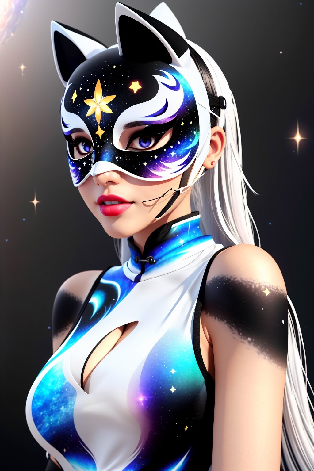 1girl, solo, skinny, (slim), simple background, gloves, animal ears, shoulders, tail, upper body, white hair, sleeveless, virtual youtuber, (black skin), grey background, glowing, no pupils, starry sky print, (white fox mask:1.2), (black celestial qipao:1.2), dinamic photo, mystic, 3d render, unreal engine,Celestial Skin,3D MODEL