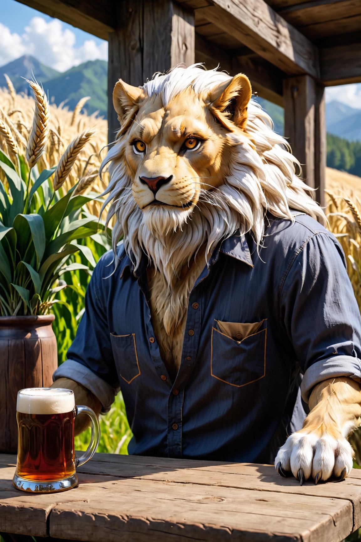 digimon leomon inspired, (furry), old male, 60yo, (caramel anthropomorphic lion), (golden mane), [white hair strands], scars, muscular body, small head , (medieval cotton shirt), wheat field, sat in a table, (wooden mug), red beer, reflection mapping, realistic figure, hyperdetailed, cinematic lighting photography, 32k uhd, albedo \(overlord\), mythical clouds,furry girl