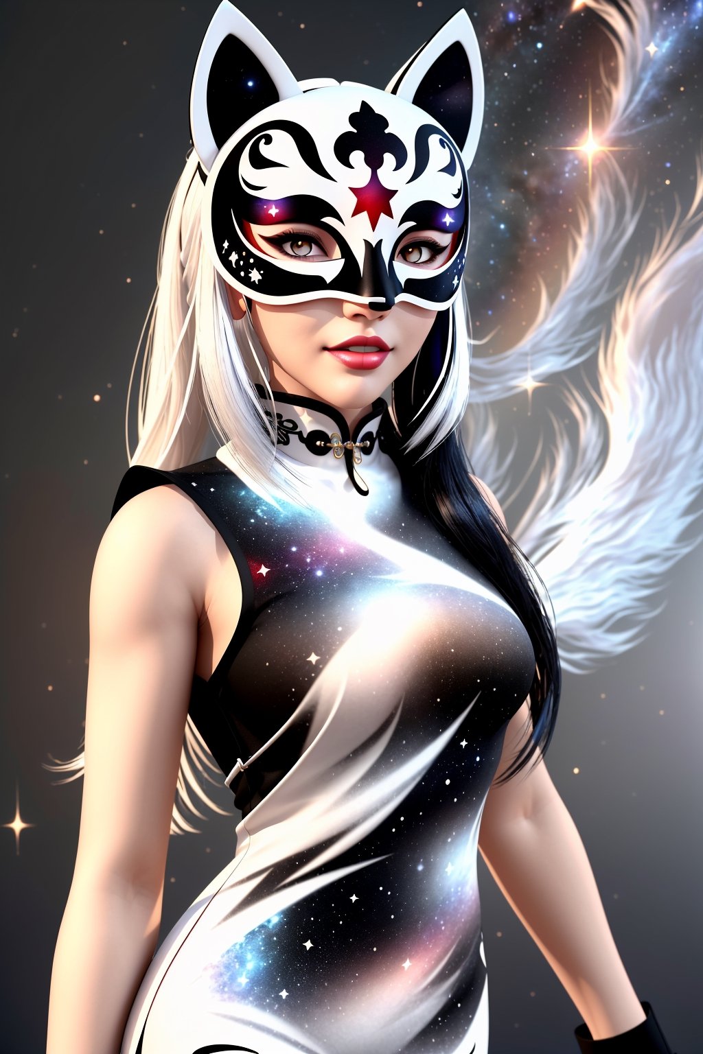 1girl, solo, skinny, (slim), simple background, gloves, animal ears, shoulders, tail, upper body, white hair, sleeveless, virtual youtuber, (black skin), grey background, glowing, no pupils, starry sky print, (white fox mask:1.2), (black celestial qipao:1.2), dinamic photo, mystic, 3d render, unreal engine,Celestial Skin,3D MODEL