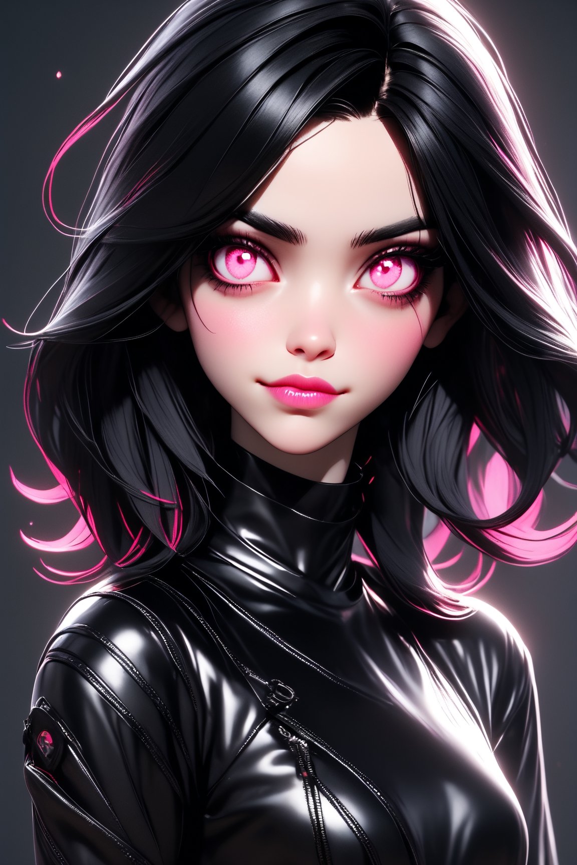 Utra, goth 1girl wearing leather clothes, thin delicate lips smirking with a closed mouth, white skin,  black chin lenght hair and pink eyes, 4k, hd, unreal engine, 3d render, realistic,shards,3d toon style