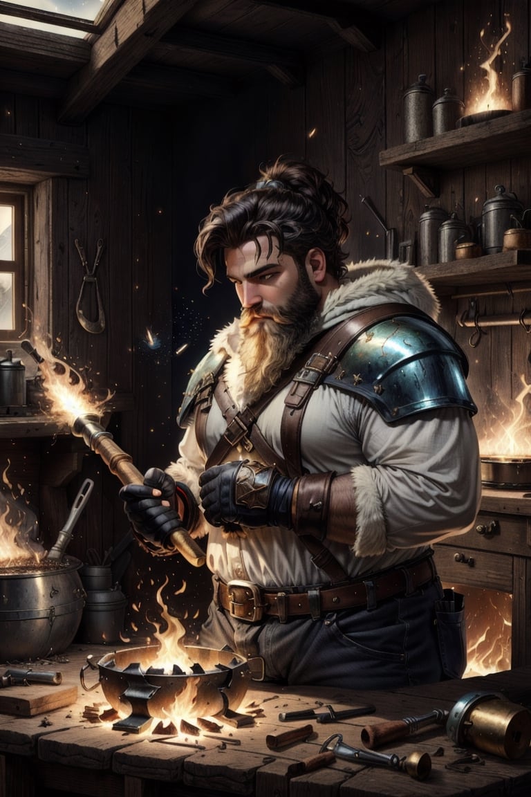 Hephaestus, smithing god, (blacksmith dwarf), solo, 1boy, holding, weapon, male focus, muscular, facail hair, green_eyes, brown_hair, white long beard, hammer, smithy, molten metal, caudron, white hot metal, realistic, unreal engine, hdr ,Fantasy, worldoffire, firefliesfireflies,light rays,leonardo, art_deco_fusion