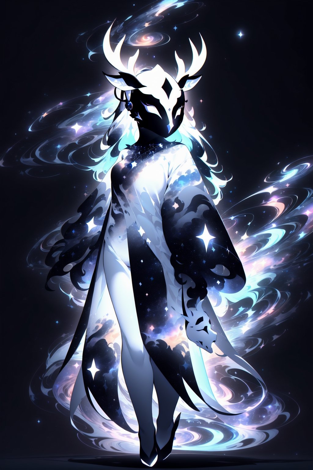 1girl, solo, tall, mature, strong, long hair, simple background, gloves, animal ears, full body, (black skin), grey background, glowing, no pupils, starry sky print, (white elk mask:1.2), white horns, (black celestial clothes:1.2), dinamic photo, mystic, 3d render, unreal engine,Celestial Skin,