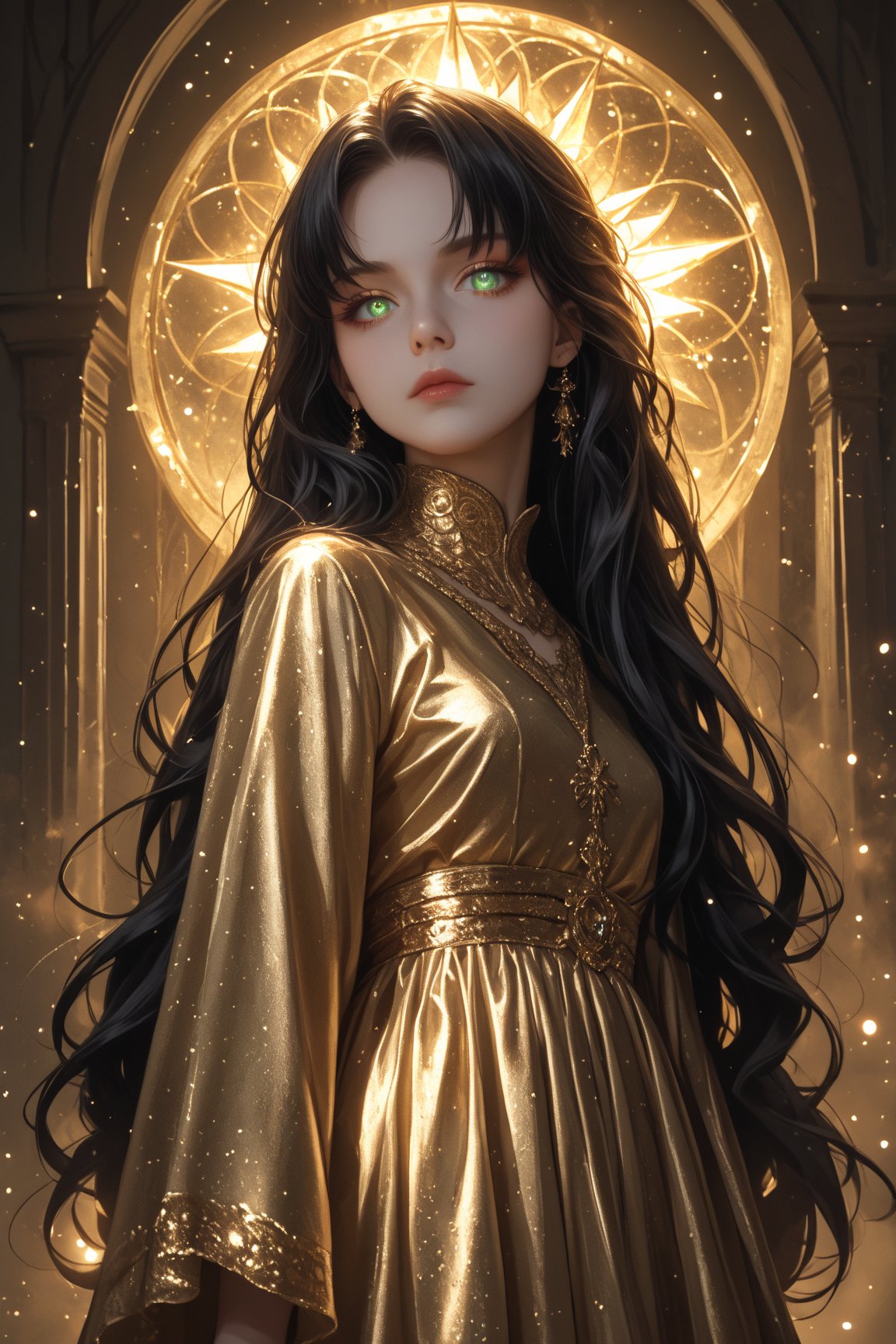 (score_9, score_8_up, score_7_up), (Masterpiece), (detailed background), (intricate details), 2d art
BREAK
1girl, matriarch, solo_female, green shining eyes, black hair, very long hair, strait hair, perfect skin, golden aura,
BREAK
shining black silk dress, imponent pose, alluring, mystic, revealing dark clothes, perfect body, dynamic angle, side shot, looking down at the viewer, 
BREAK
edgy and dramatic fashion photography, bloom, volumetric lighting, bloom, saturated colors, smooth style, upperbody, face focus, particles, perfect eyes,