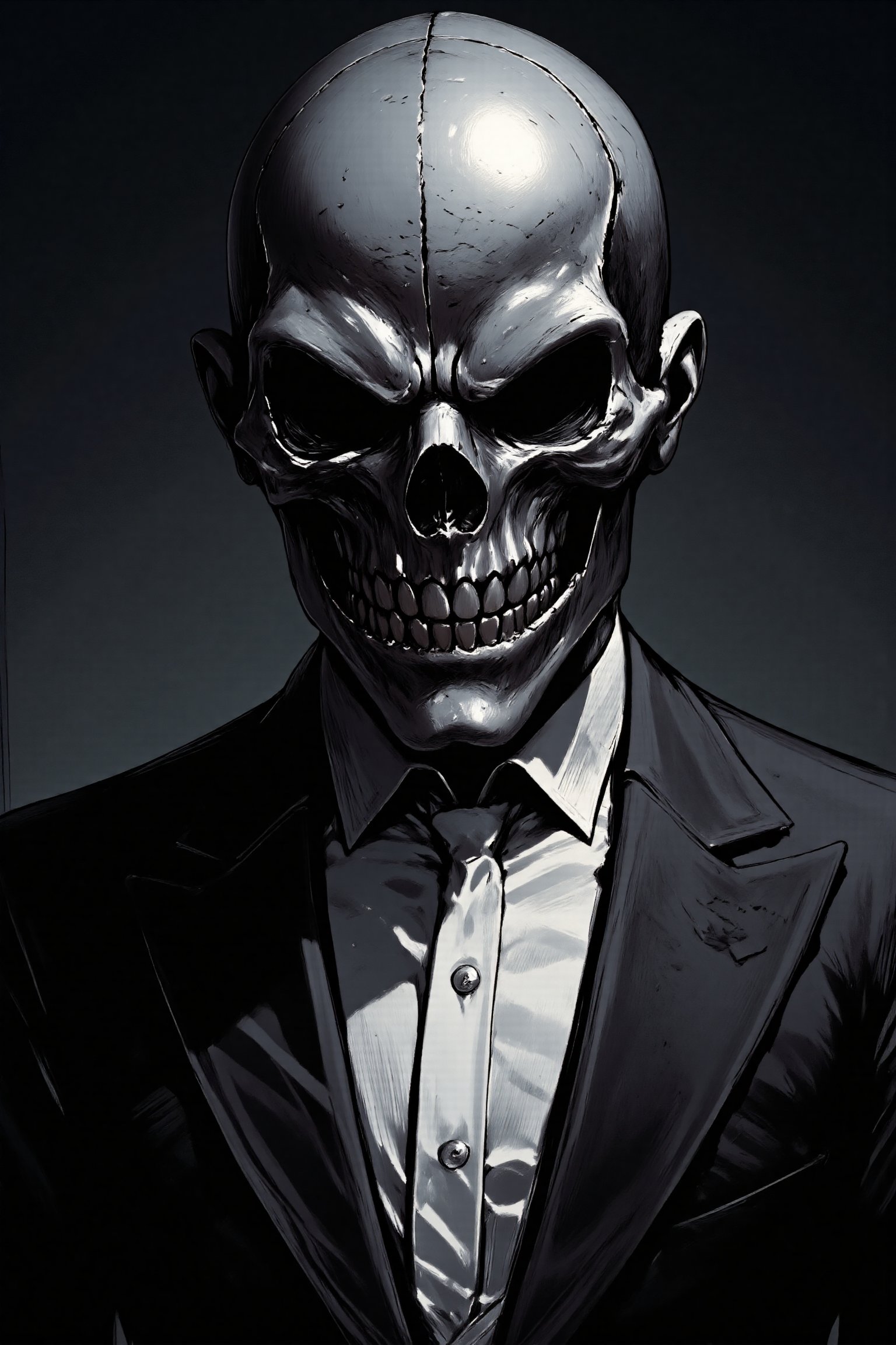 A close-up shot of a mysterious figure dressed in a sleek black suit, complete with a crisp white tie. the man is a silver mettalic skeleton and skull catches the light ominously. The mask's angular features seem to gleam with an air of sophistication, as if hiding secrets beneath its metallic surface. The background is a dark, muted tone, allowing the subject's striking attire to take center stage. REALNIME