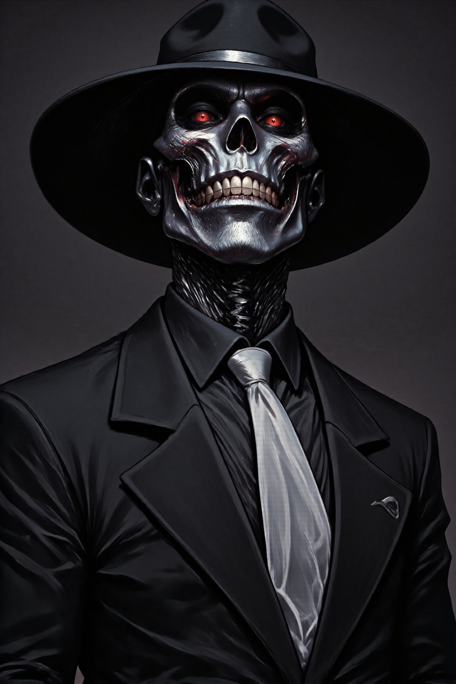 A close-up shot of a mysterious figure dressed in a sleek black suit, complete with a crisp white tie. the man is a silver mettalic skeleton and skull catches the light ominously. The mask's angular features seem to gleam with an air of sophistication, as if hiding secrets beneath its metallic surface. The background is a dark, muted tone, allowing the subject's striking attire to take center stage. Midjourney_Whisper