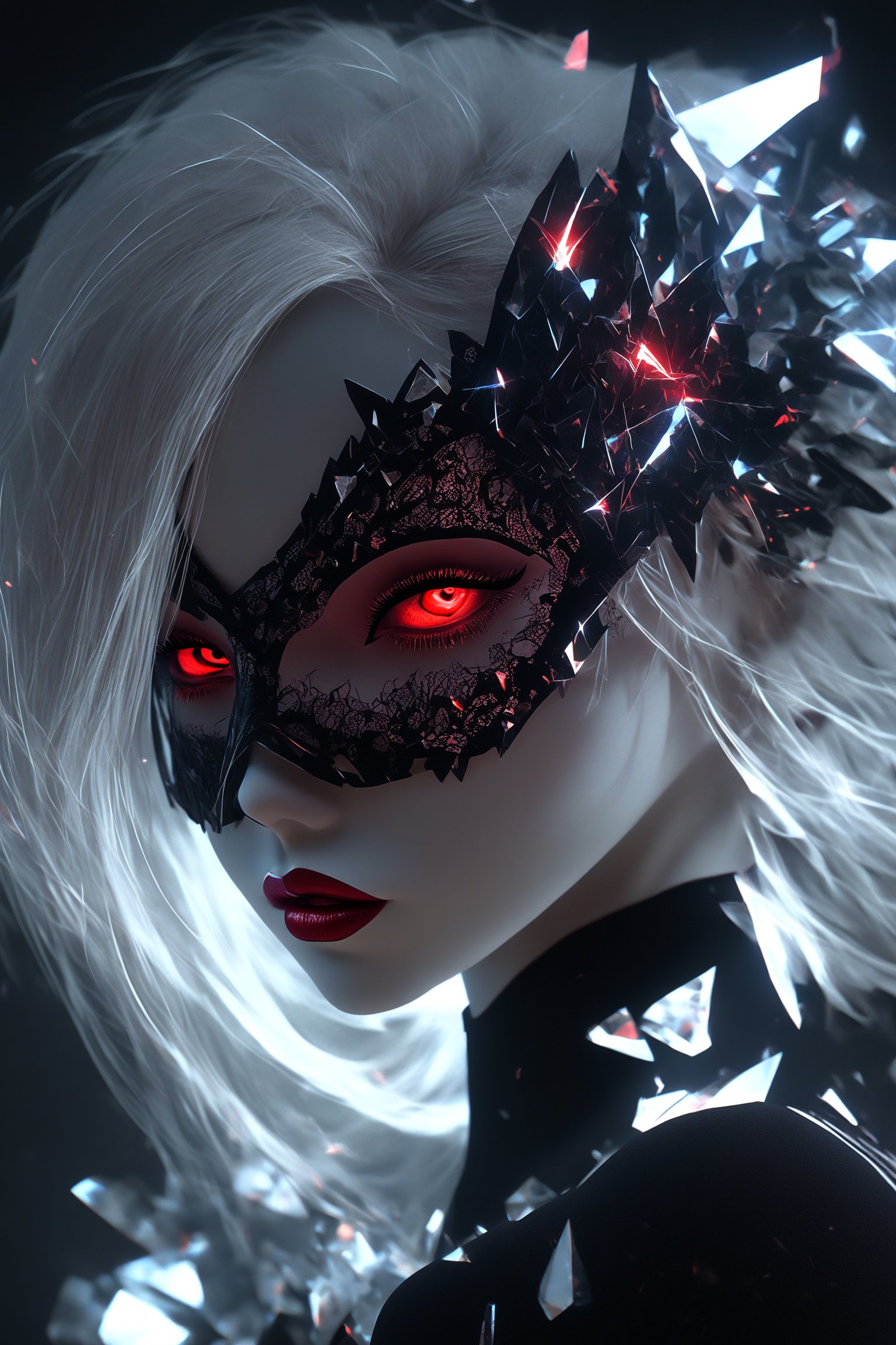 1girl, (crystal mask), broken glass bodysuit, Mavelle, pale skin, red eyes, glowing eyes, white hair, lipstick, masterpiece, digital art, award winner, bealtyfull, intense, bright colors, octane, 3d render, realistic, shards