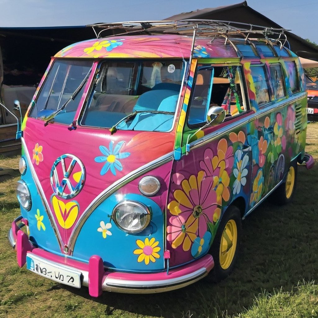 VW T1 Bulli Neonfarbene Blumen Hippy Style Peace