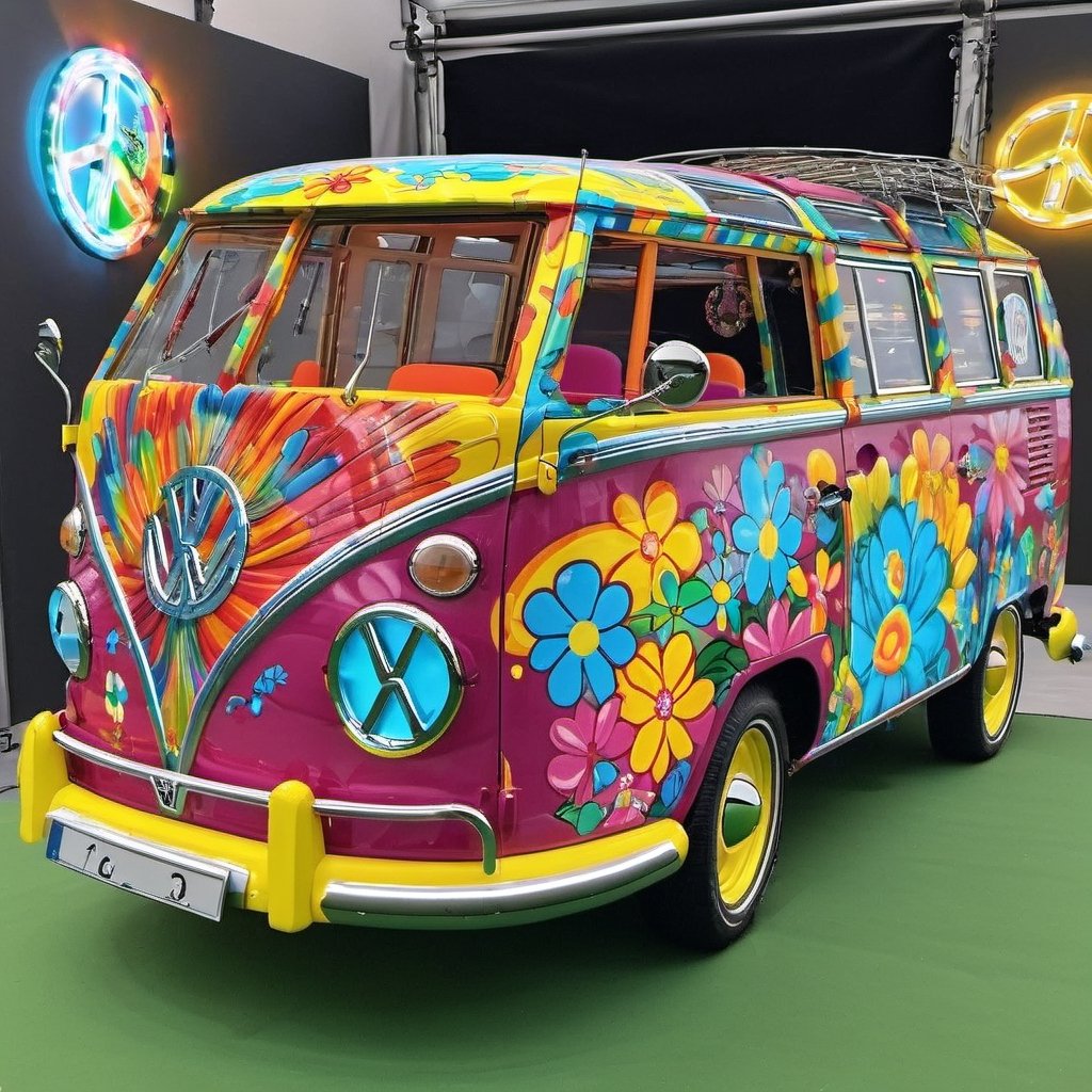 VW T1 Bulli Neonfarbene Blumen Hippy Style Peace, Meisterwerk, Realistisch, beste Qualität, photorealistic, hyperrealistisches, cinematic, LEGO Style ,4k,8k