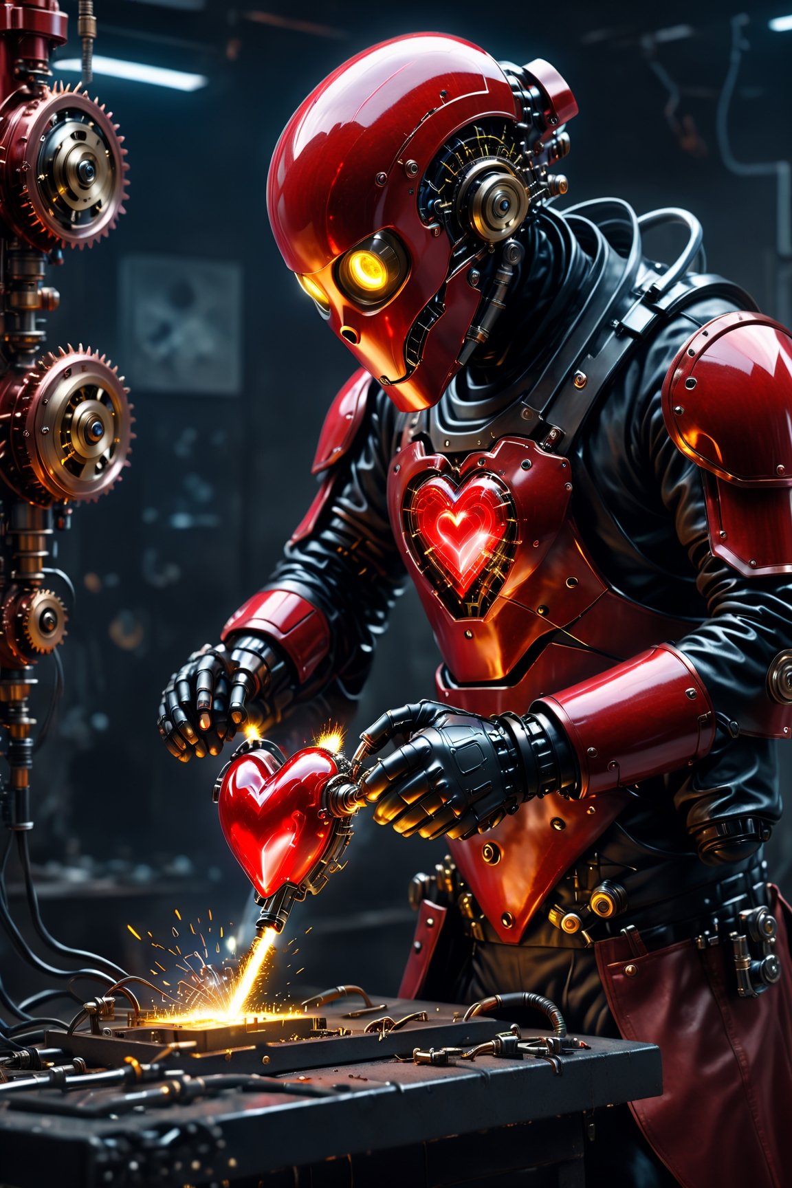 1man, (((a hansome man is welding a broken mechanical heart))), with sleek, red mechanical heart and advanced technology that seems almost from otherworldly, electric spark, more detail XL,more detail XL,Movie Still