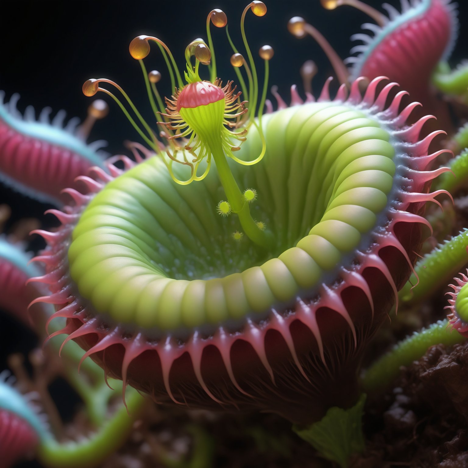 a bright macro hyper centered view of (gyroid fractal filigree pygmy venus flytrap plant Dionaea muscipula belonging to ne...